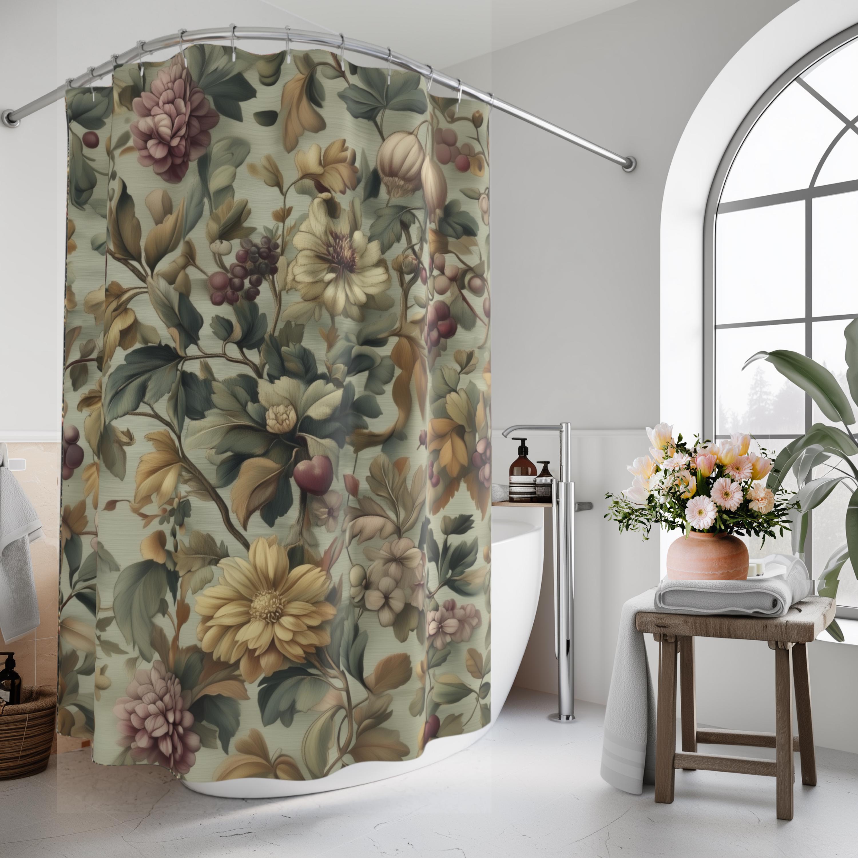 William Morris Inspired Fall Botanical Shower Curtain: Sage Mint, Wine, Wheat