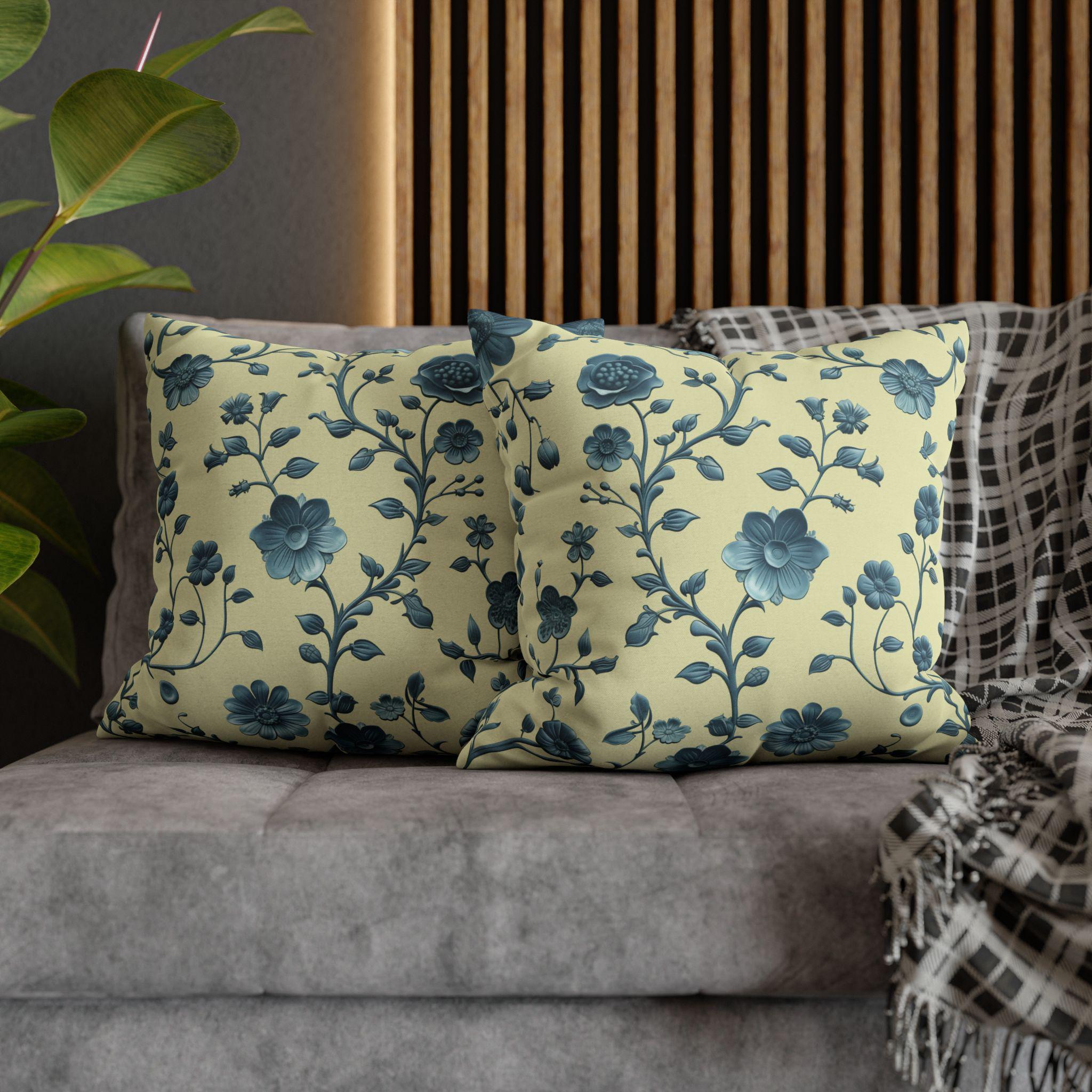 Elegant Chinoiserie Floral Pillow: Teal & Buttery Yellow Botanical Cushion for Classic or Modern Decor