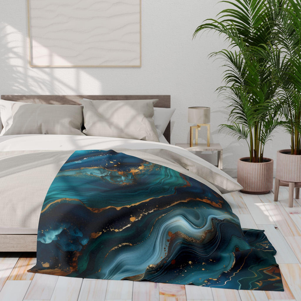 Ocean Waves Fleece Throw: Teal Navy & Gold Accent Blanket