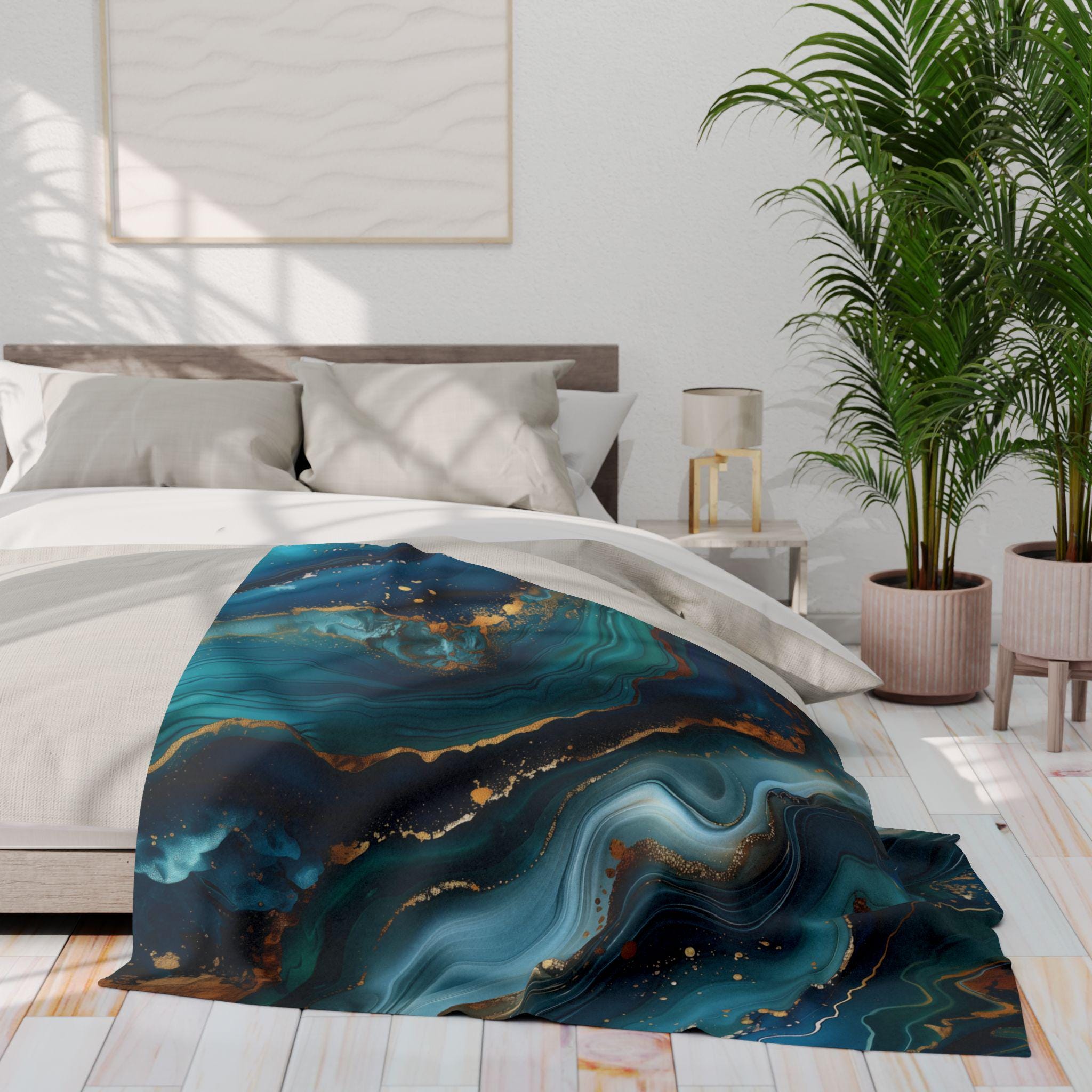 Ocean Waves Fleece Throw: Teal Navy & Gold Accent Blanket