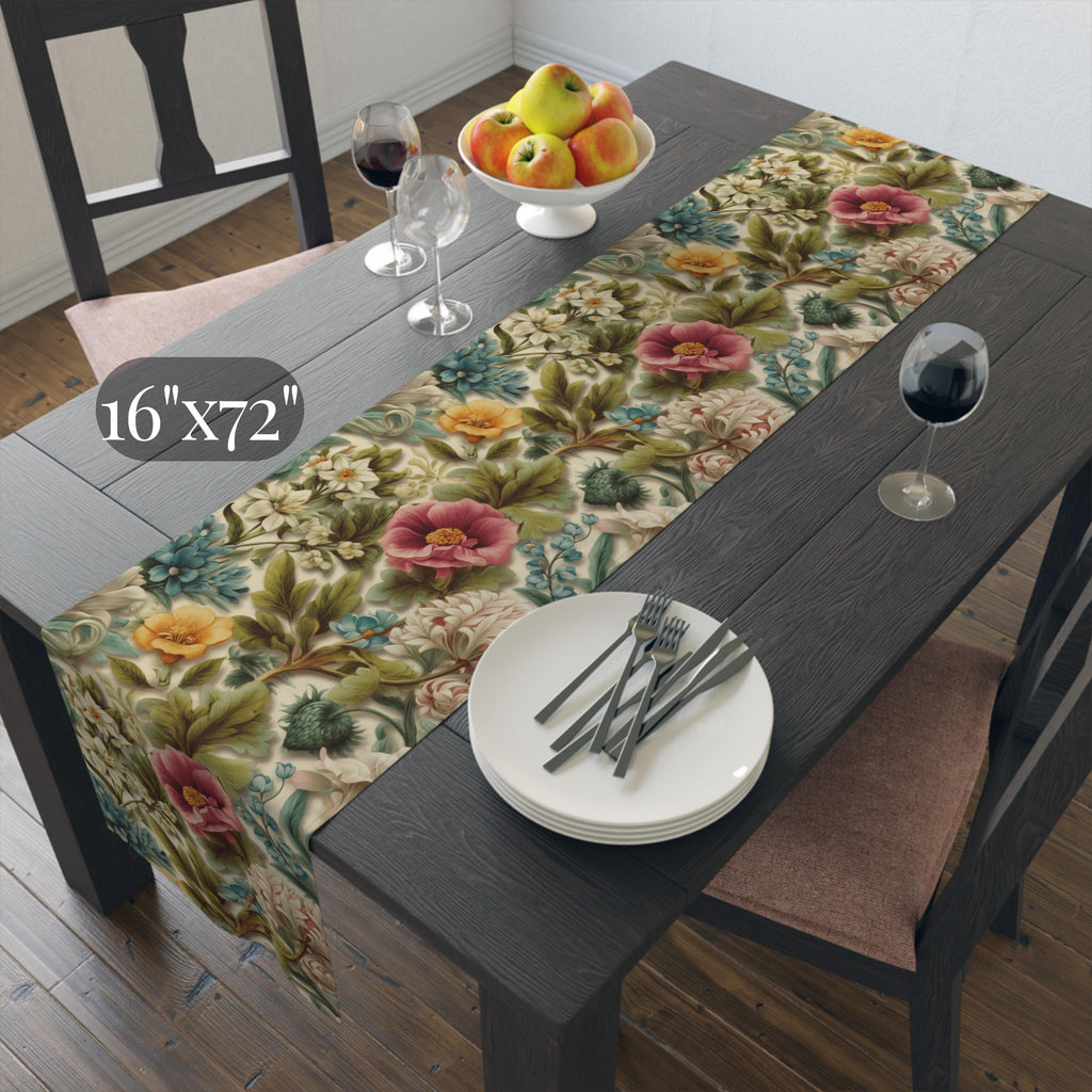 Watercolor Pastel Floral Table Runner:  Botanical Spring Garden Sage Pink Blue