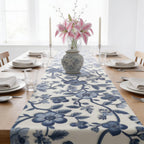 Elegant Chinoiserie Blue & White Table Runner: Traditional Pottery-Inspired Dining Decor