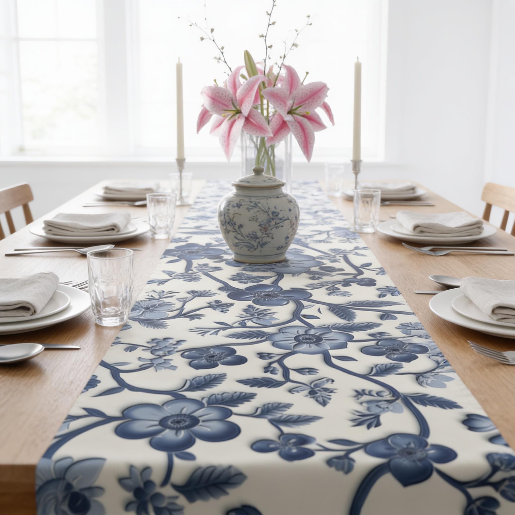 Elegant Chinoiserie Blue & White Table Runner: Traditional Pottery-Inspired Dining Decor