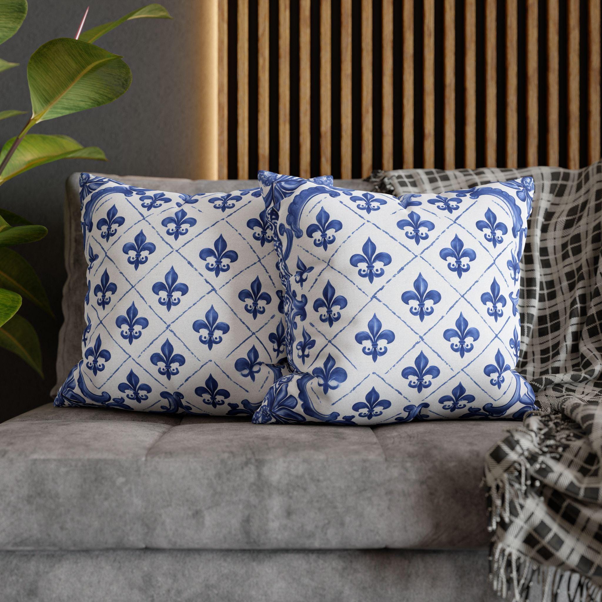 Fleur de Lis Pillow Cover: Blue & White French Tile Design