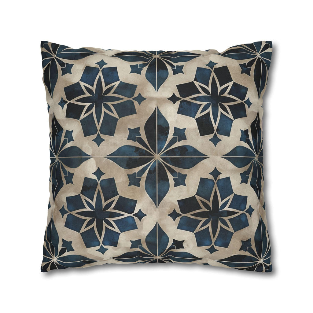 Moroccan Tile Pattern Square Pillowcase, Navy Blue Beige Geometric Design Decorative Cushion Cover