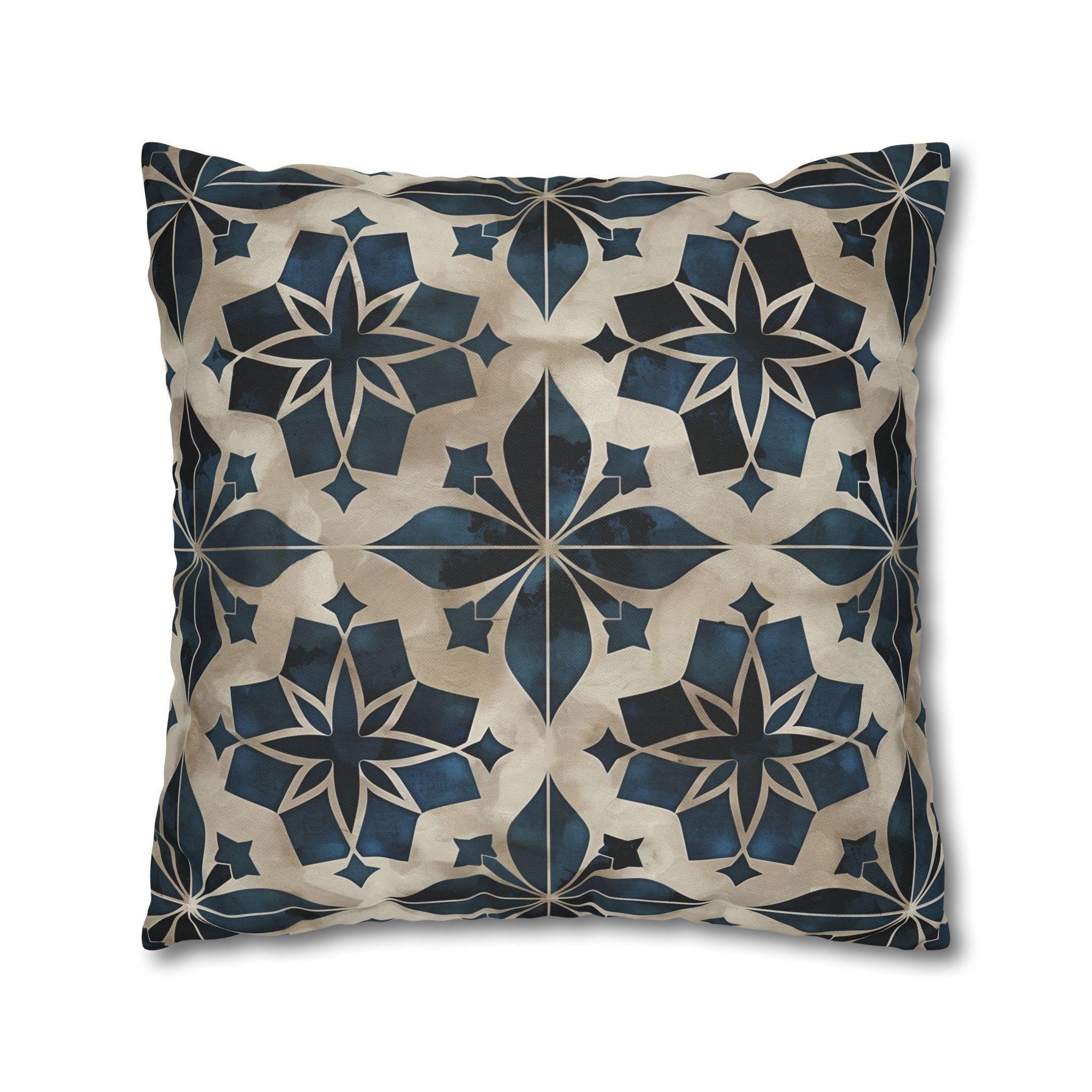 Moroccan Tile Pattern Square Pillowcase, Navy Blue Beige Geometric Design Decorative Cushion Cover