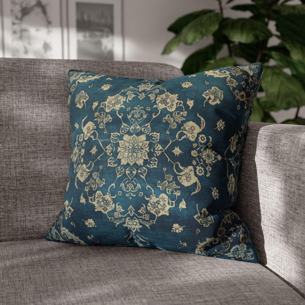 Vintage Teal Medallion Pillow Cover: Persian Rug Print Cushion