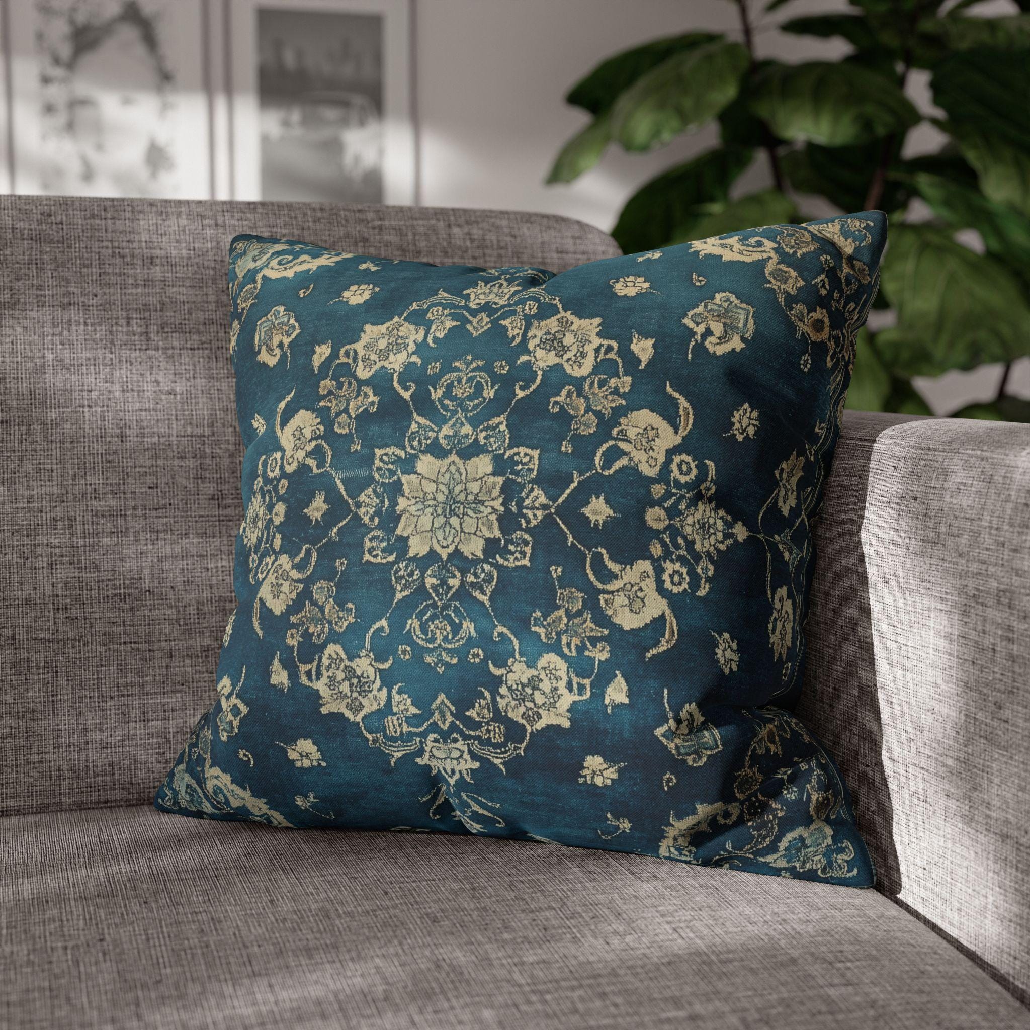 Vintage Teal Medallion Pillow Cover: Persian Rug Print Cushion
