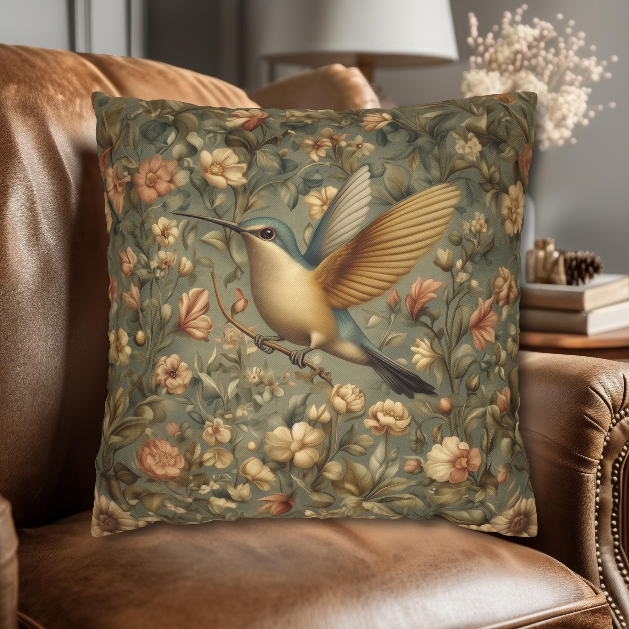 William Morris Decorative Throw Pillow Cover: Vintage Style Botanical Hummingbird
