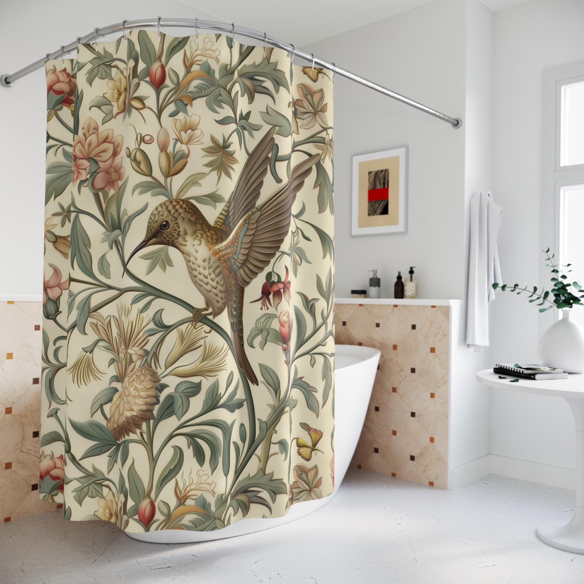 Elegant William Morris Inspired Botanical Shower Curtain: Vintage Style Hummingbird Floral Garden Bath Decor