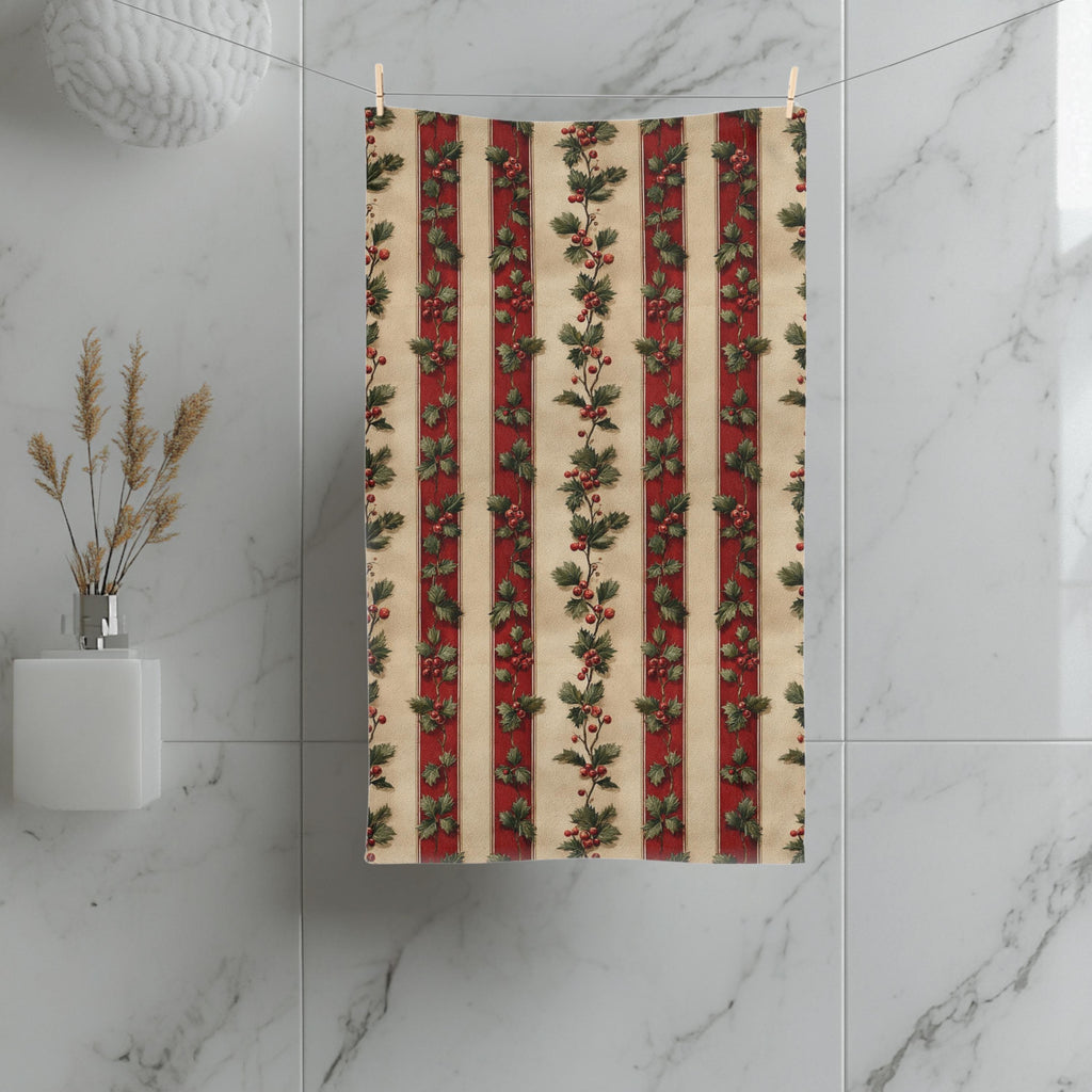 Striped Holly Christmas Hand Towel: Red Green Cream Holiday Botanical Winter Decor