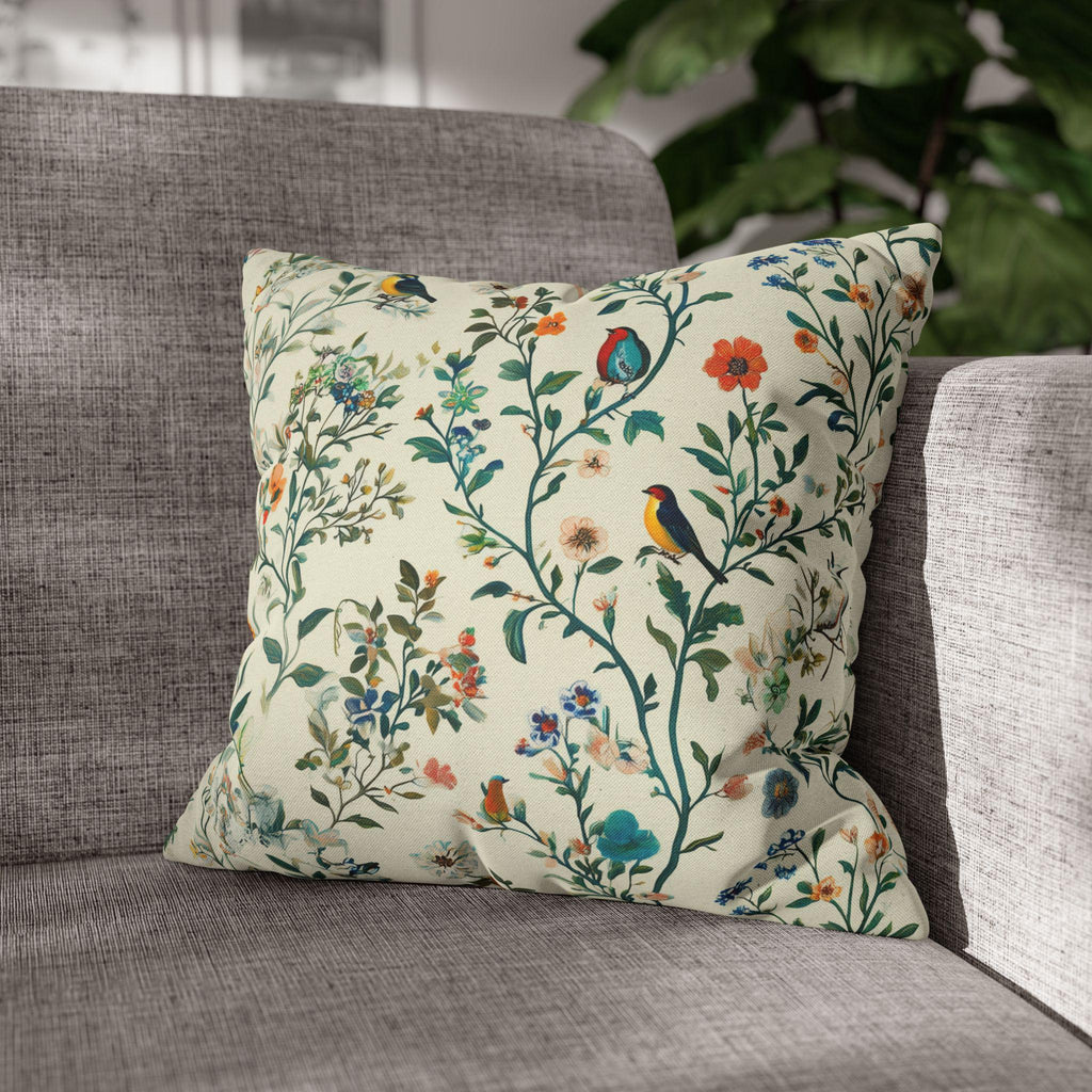 Vintage Chinoiserie Bird Pillow Cover: Cream Floral Botanical Cushion