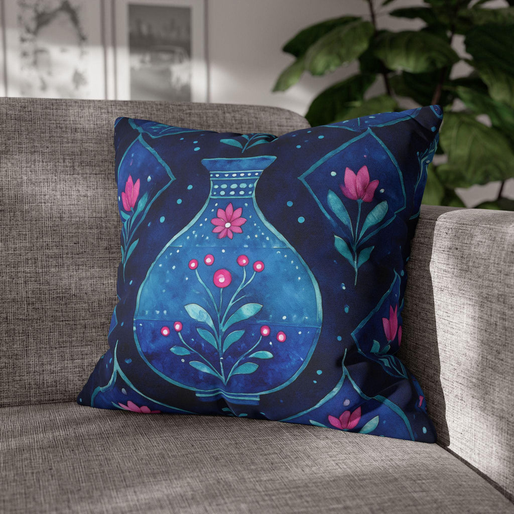 Folk Art Pillow Cover: Blue Vase, Pink Floral Watercolor Design