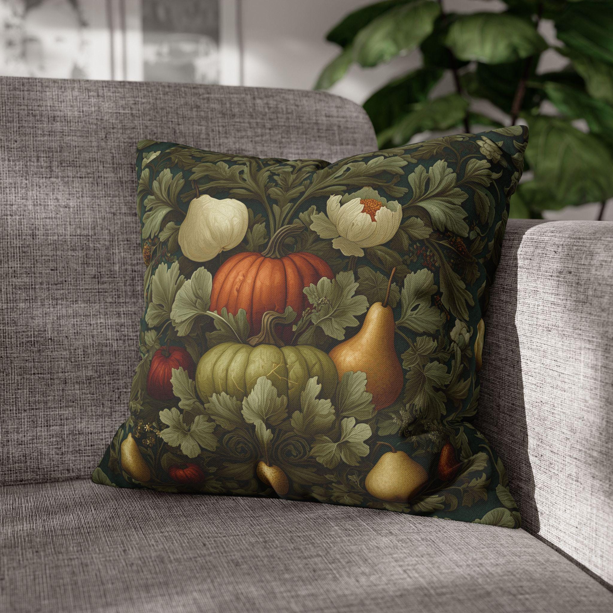 William Morris Botanical Fall Throw Pillow Cover: Green Pumpkin Harvest Tapestry Decor for Fall