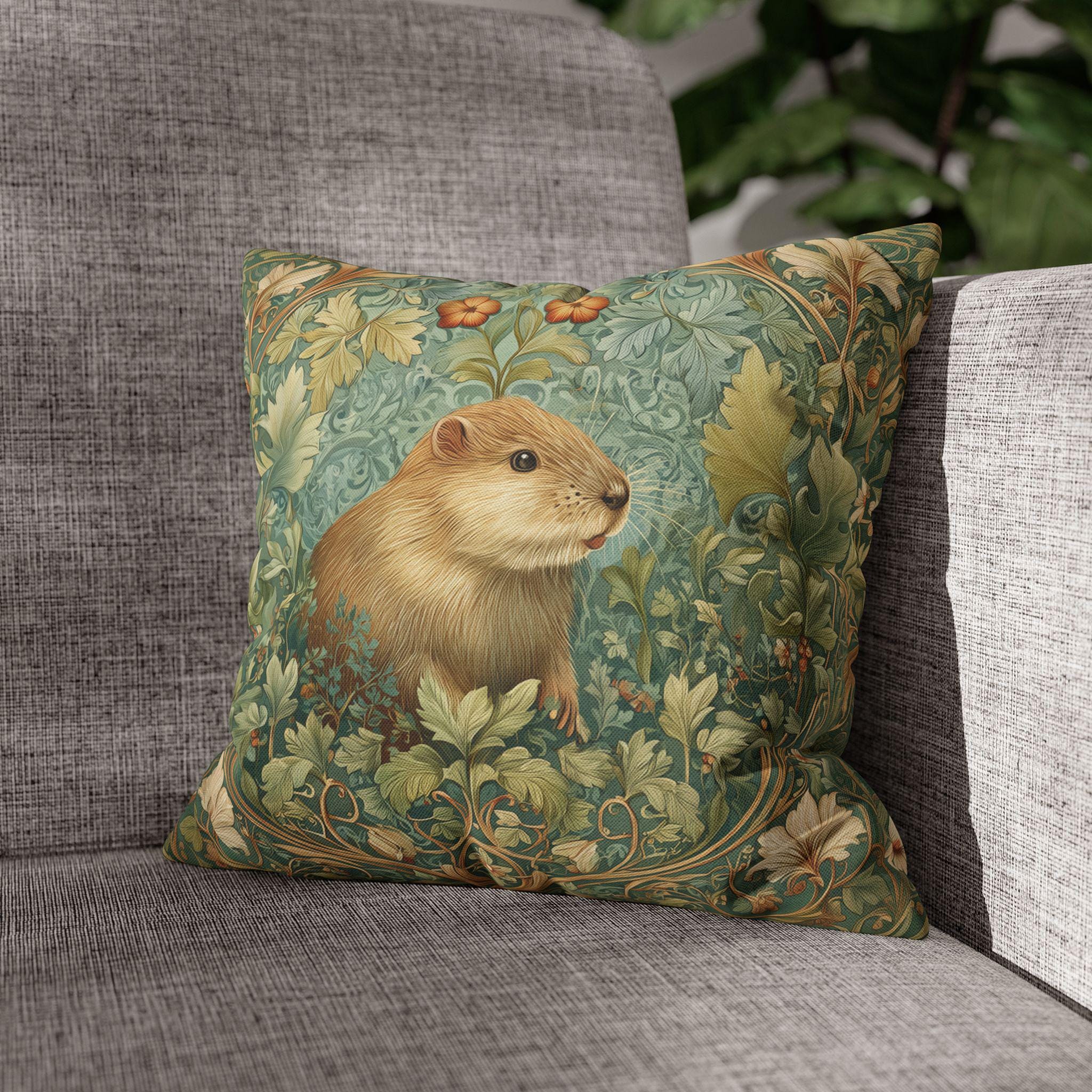 William Morris Inspired Beaver Pillow Cover: Woodland Cushion with Botanical Frame and Earthy Design