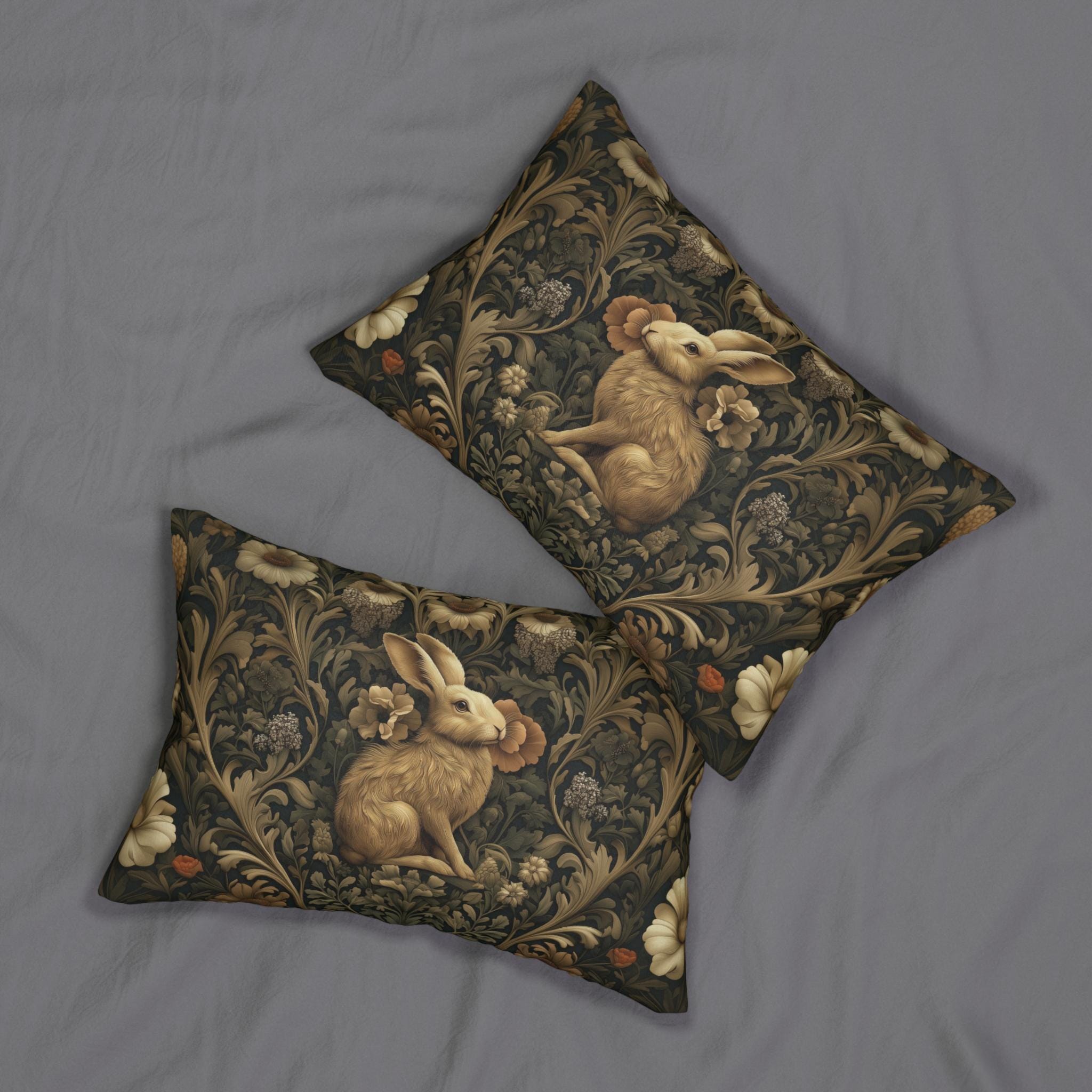William Morris Inspired Wild Hare Lumbar Pillow: Garden Botanical Woodland Design