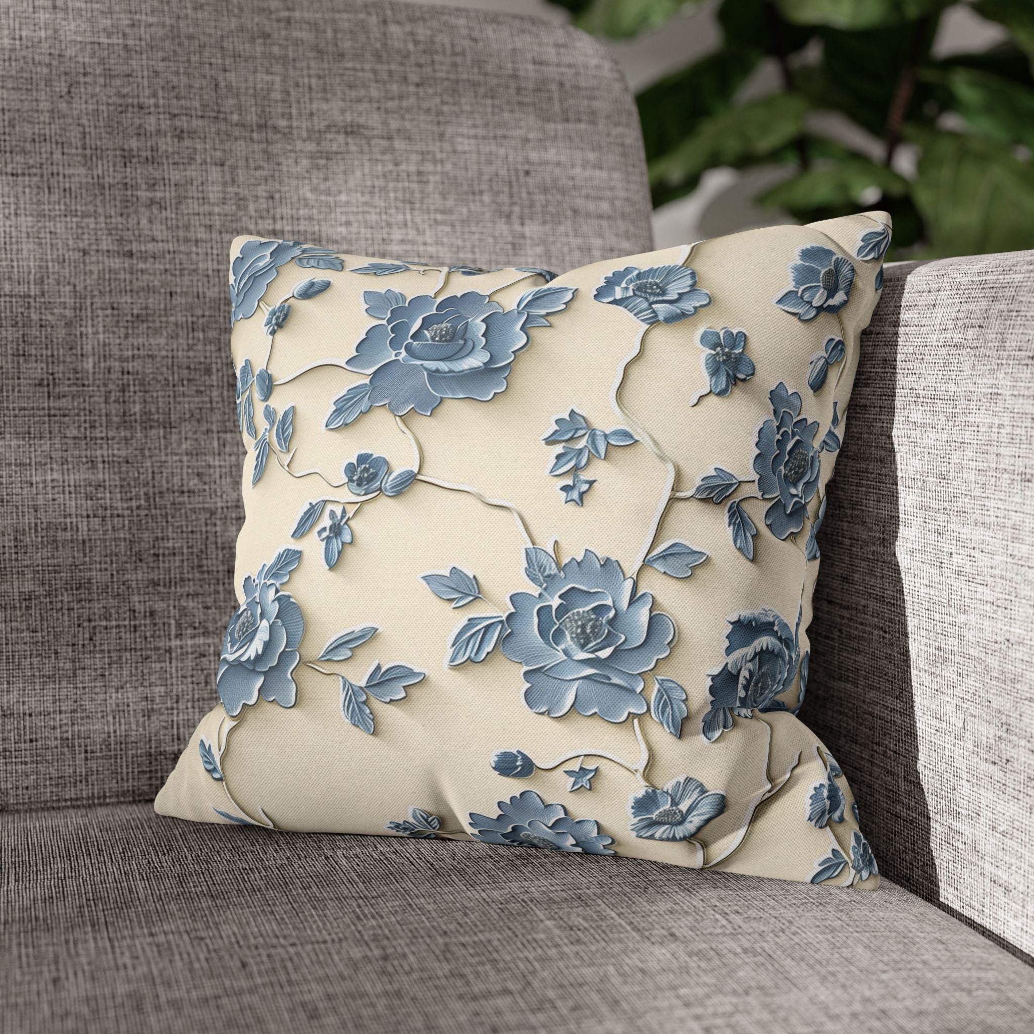 Chinoiserie Pillow Cover: Blue Peony Floral Design