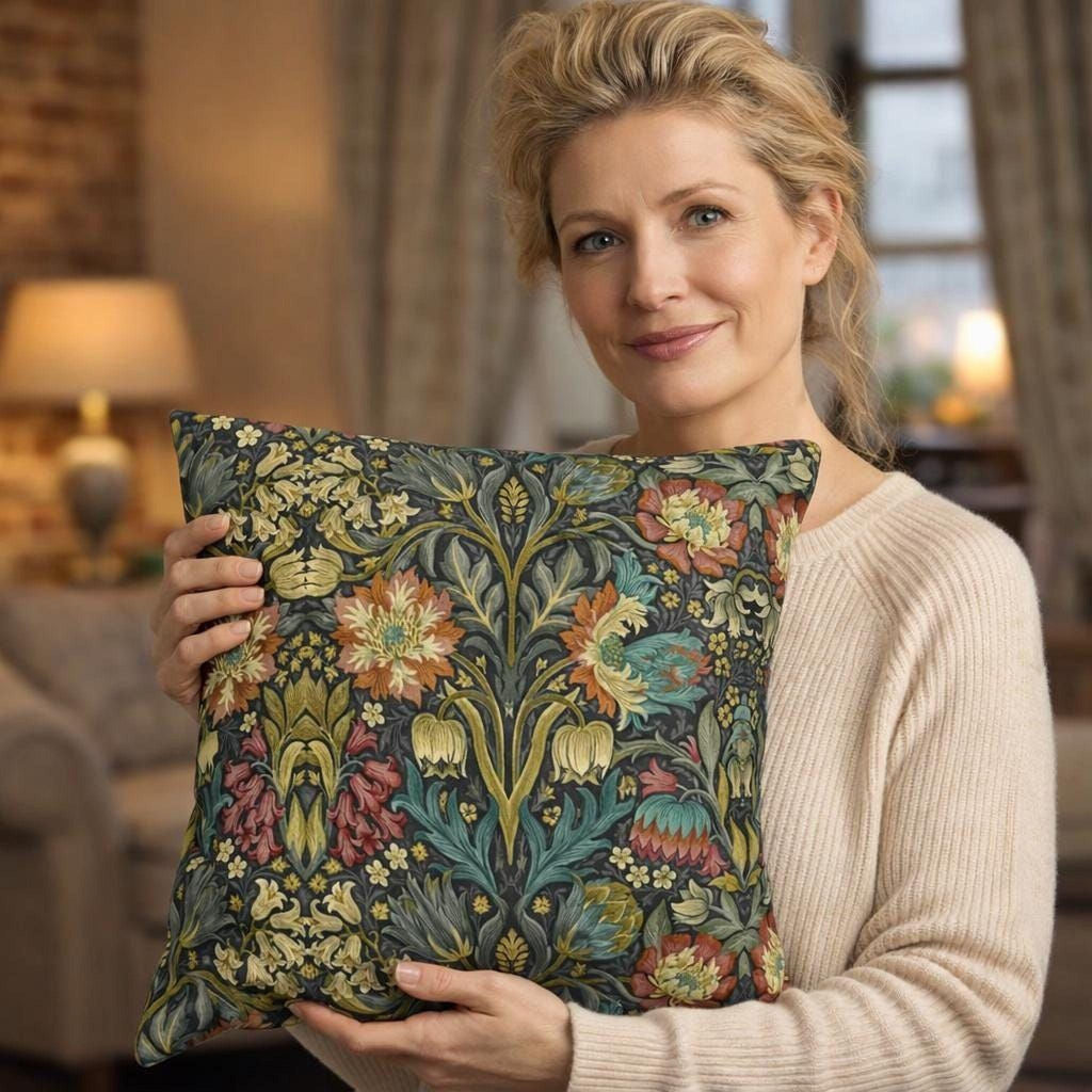 William Morris Inspired Pillow Cover: Midnight Navy Botanical Design