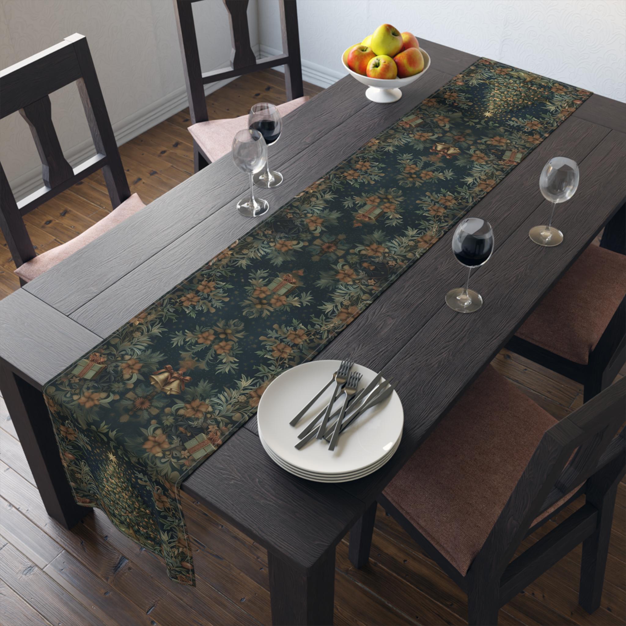 William Morris Christmas Table Runner: Victorian Floral, Deep Green & Red