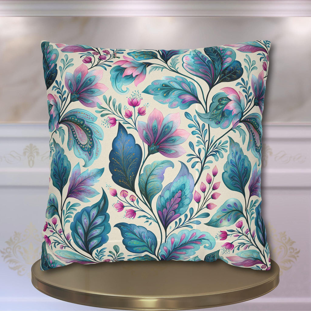 Botanical Paisley Pillow Cover: Watercolor Jewel Tone in Teal, Aqua, Violet and Pink