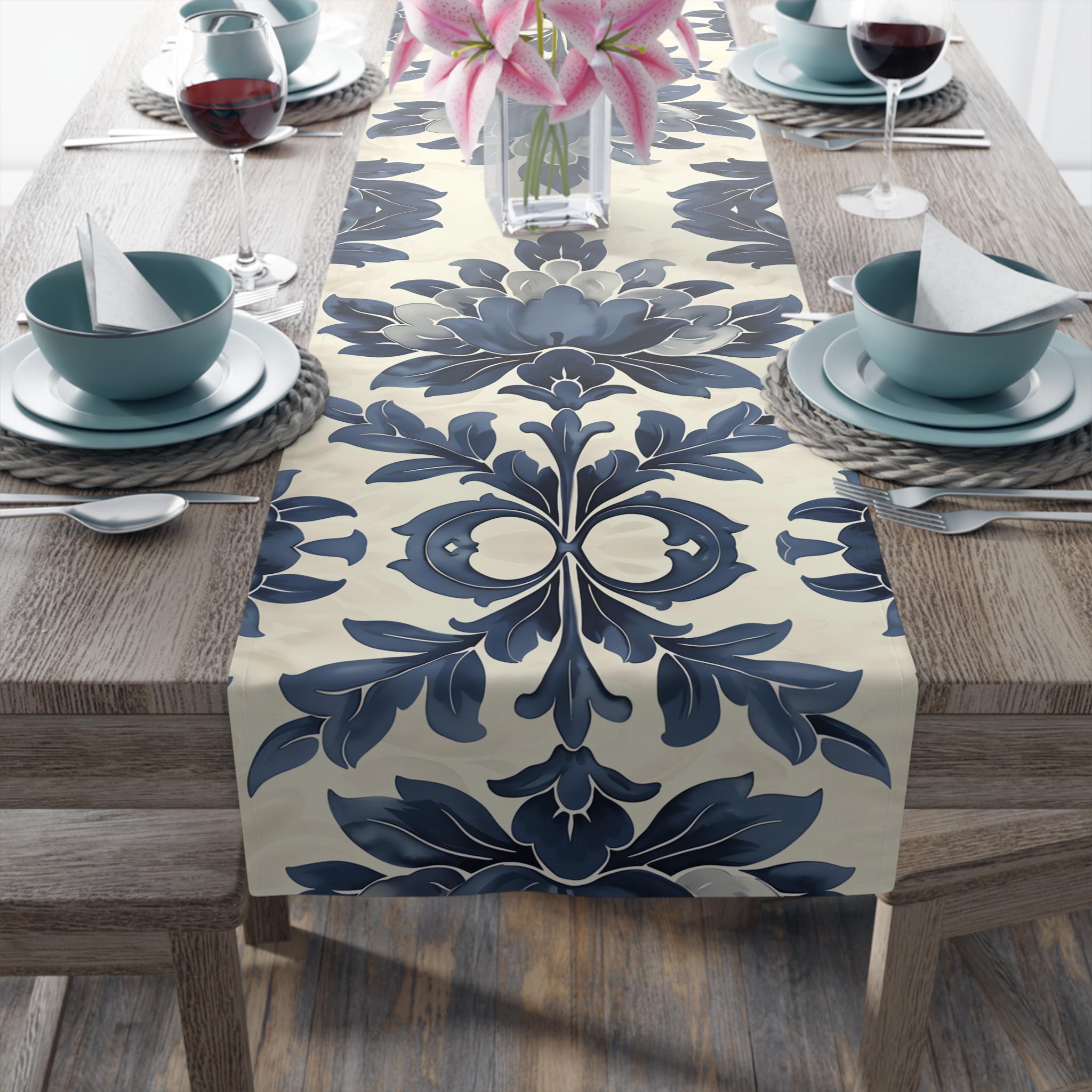 Elegant Blue Floral Table Runner: French Country Farmhouse Decor