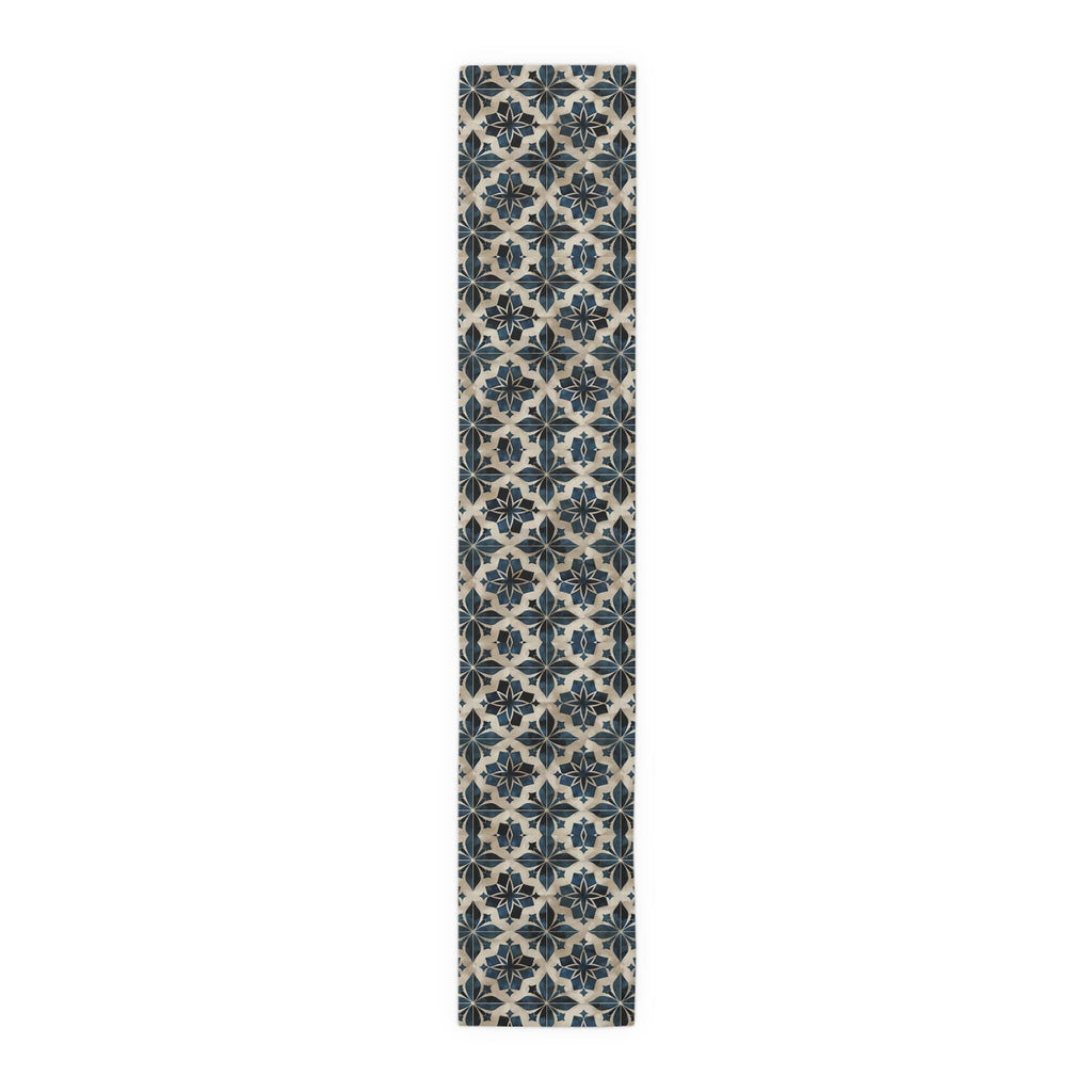 Moroccan Tile-Inspired Table Runner Geometric Pattern, Navy Blue Beige