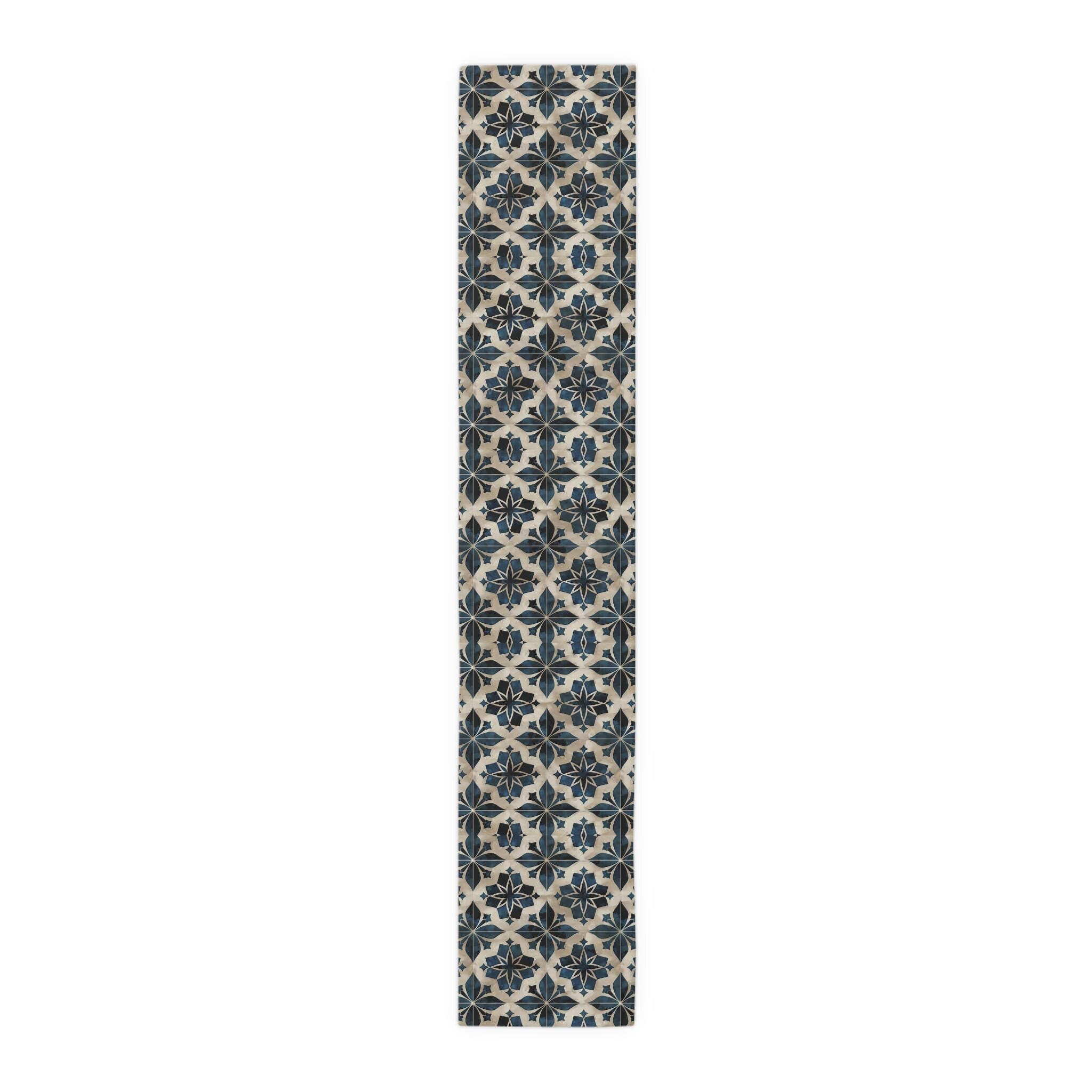 Moroccan Tile-Inspired Table Runner Geometric Pattern, Navy Blue Beige