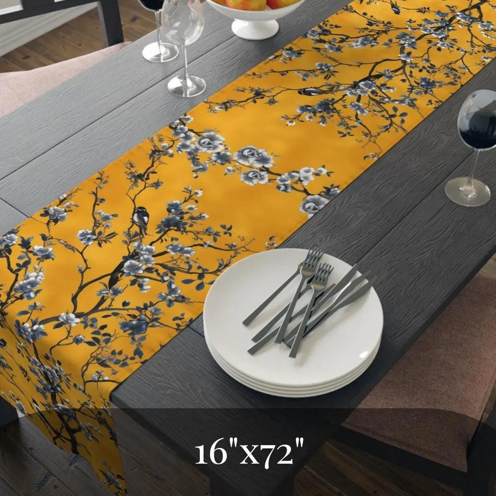 Elegant Chinoiserie Table Runner: Mustard Yellow with Black Birds, Asian-Inspired Dining Decor