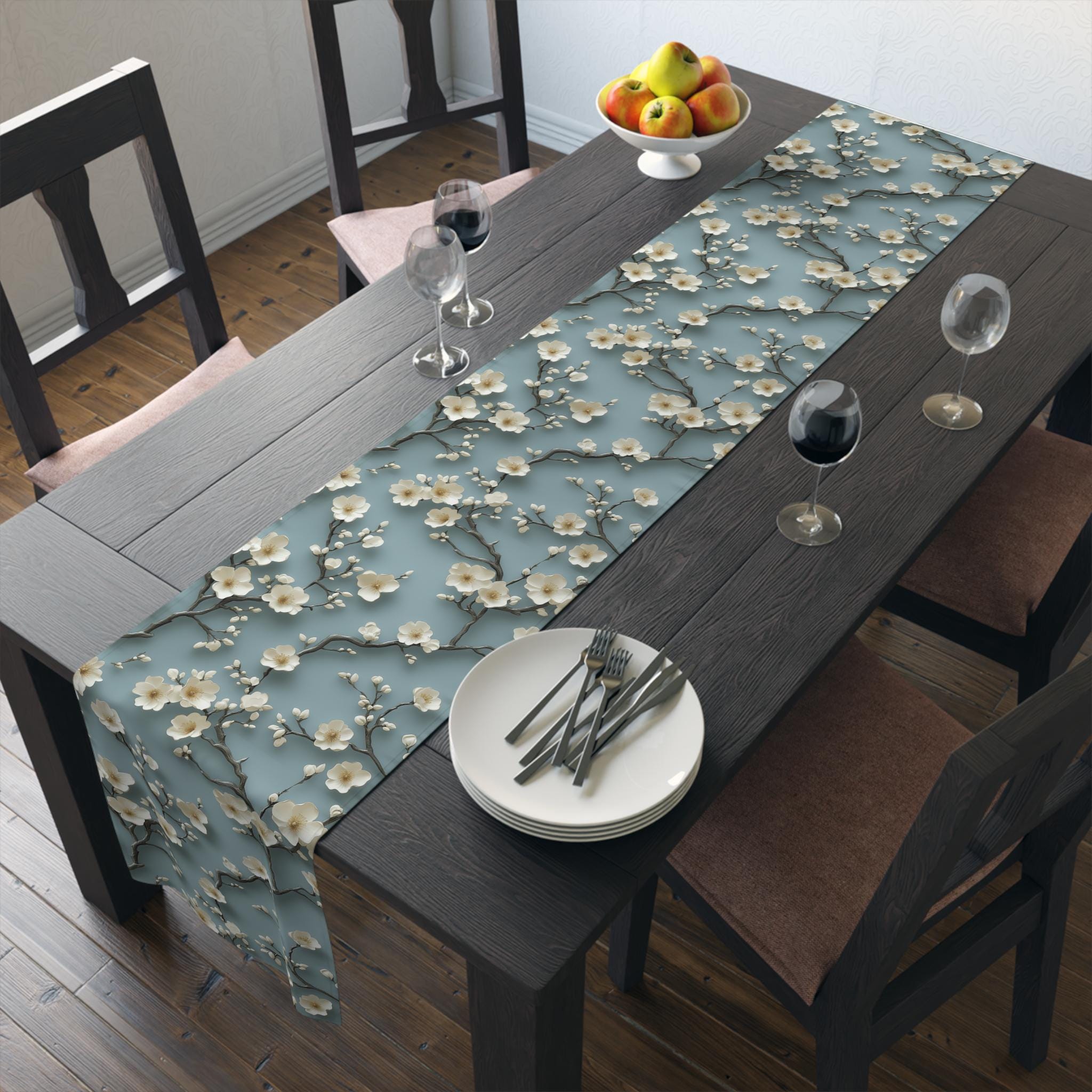 Elegant Chinoiserie Table Runner: Blue-Teal Gradient Cherry Blossom Design for Modern Dining Decor
