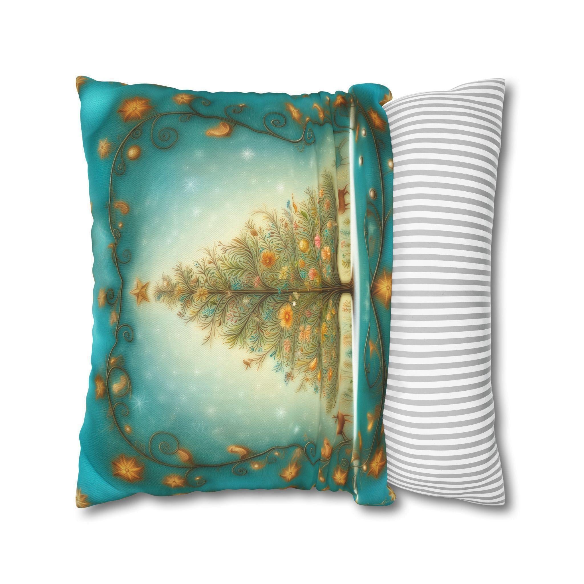 Vintage Style Teal Blue Christmas Tree Pillow Cover: Floral Winter Scene with Gold Accents