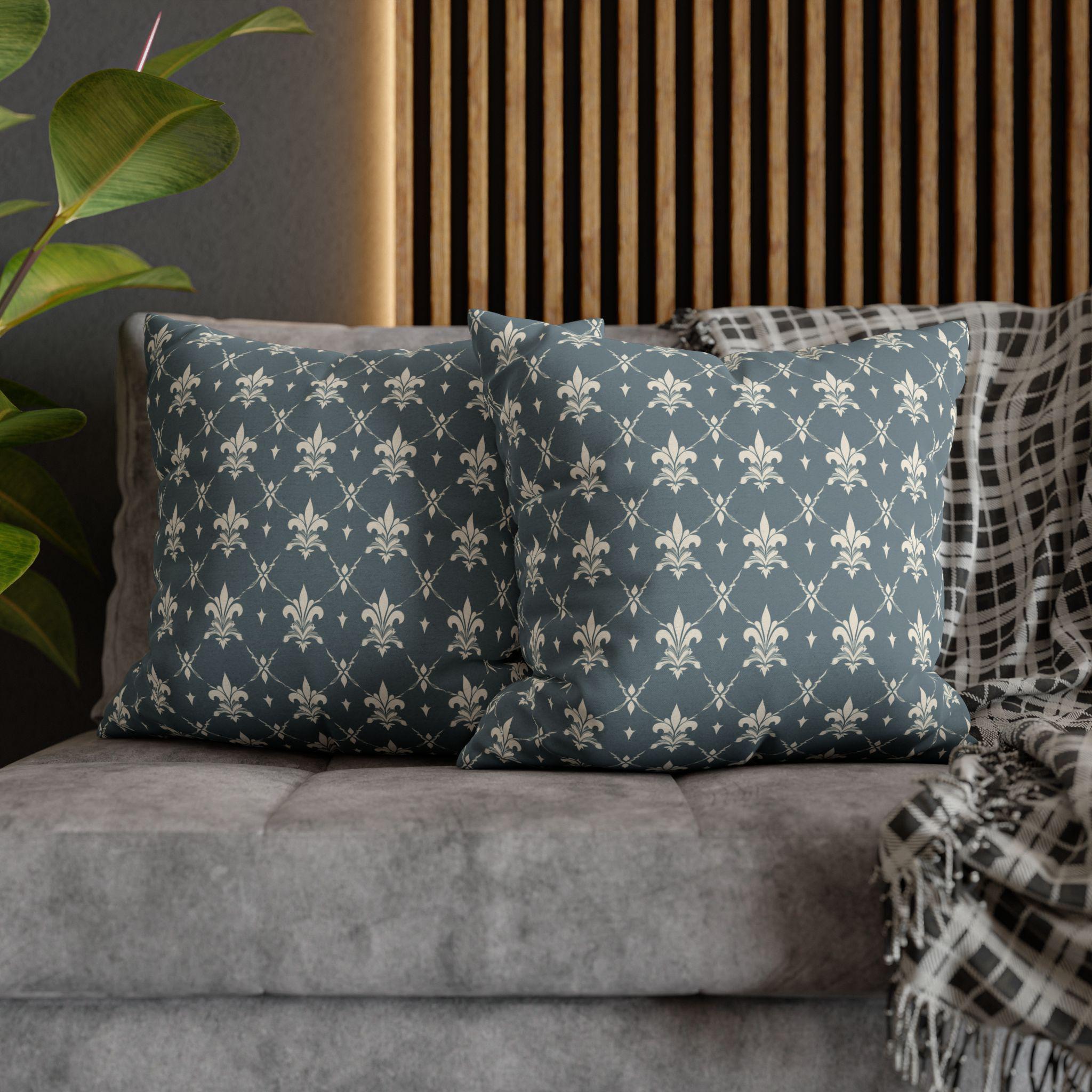 Elegant Fleur de Lis Pillow Cover: French Chateau Diamond Lattice Pattern in Soft Blue-Gray