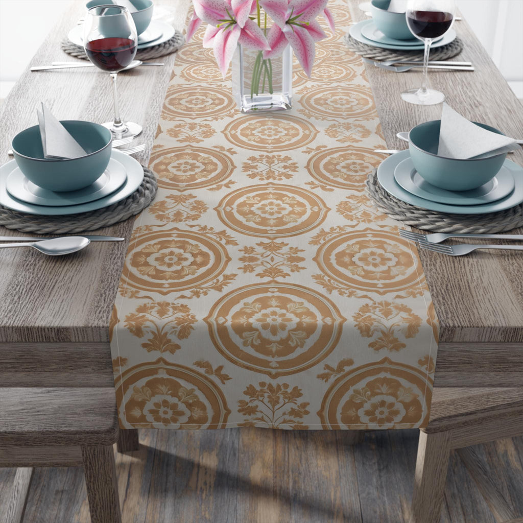 Elegant Terracotta & Ivory Damask Table Runner: French Country Farmhouse Dining Decor