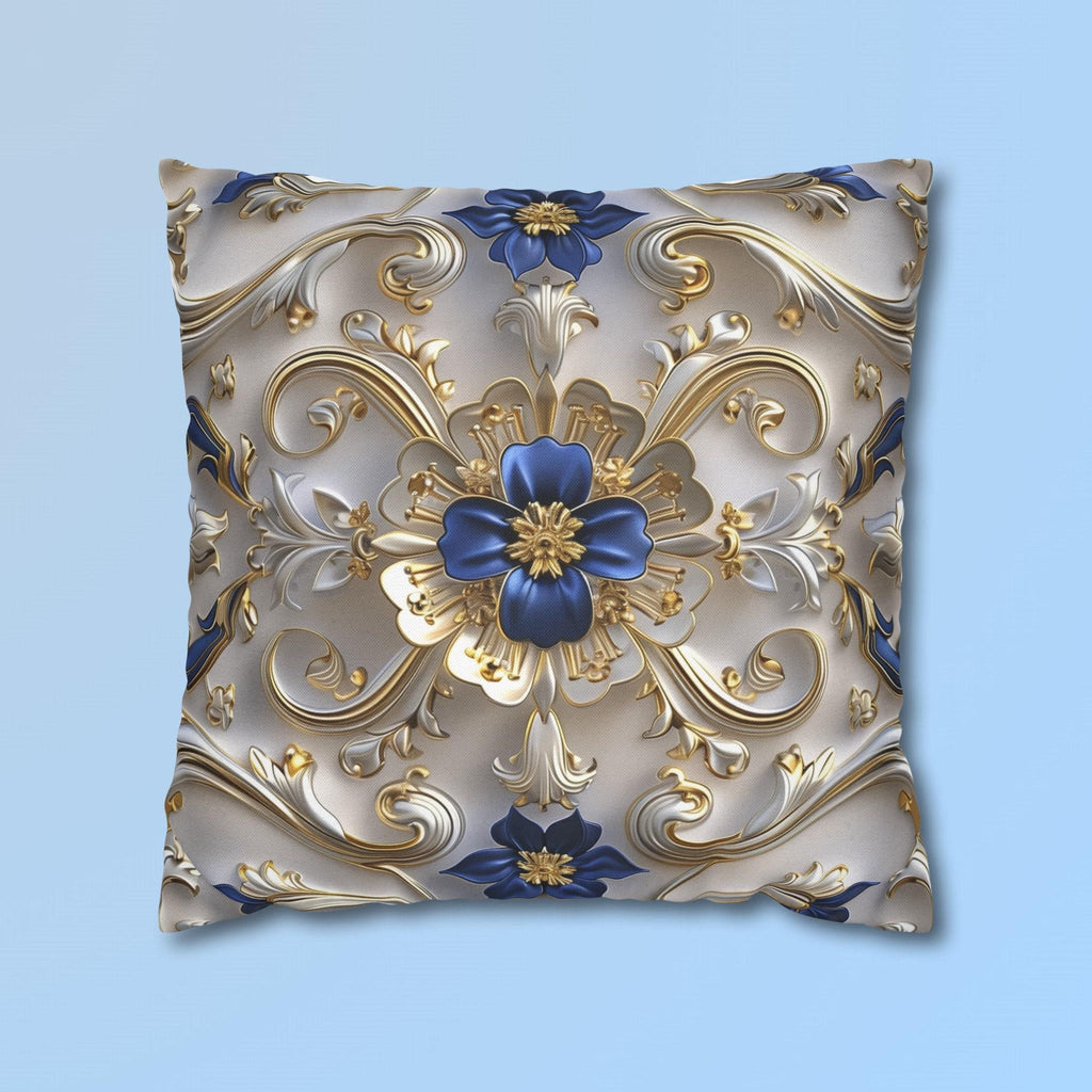 Baroque Inspired Throw Pillow Cover Blue and Gold Ornate Design Elegant Home Decor Gift