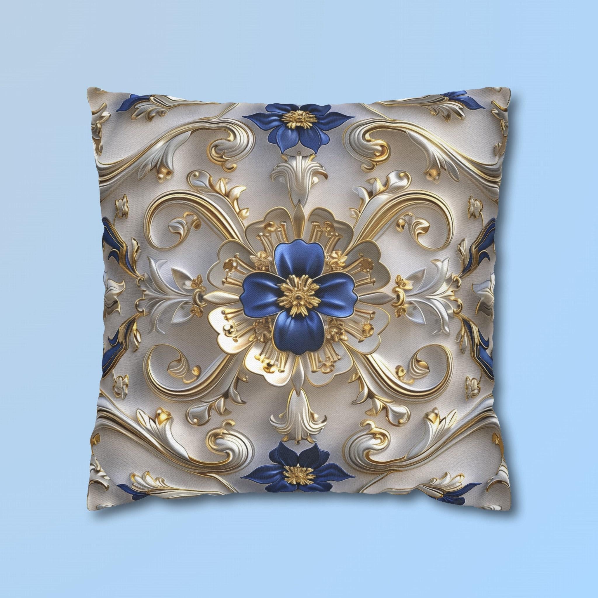 Baroque Inspired Throw Pillow Cover Blue and Gold Ornate Design Elegant Home Decor Gift