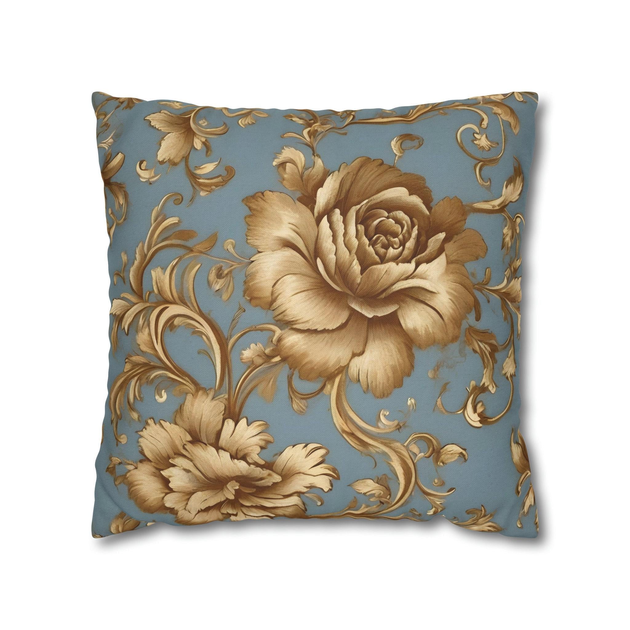 Floral Pillow Cover: Golden Roses on Blue - Soft Durable Fabric