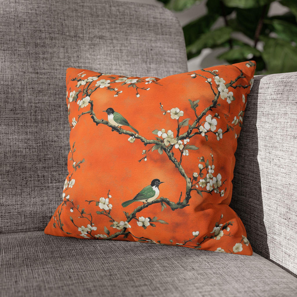 Elegant Chinoiserie Pillow Cover: Burnt Orange with White Blossoms and Birds for Asian-Inspired Decor