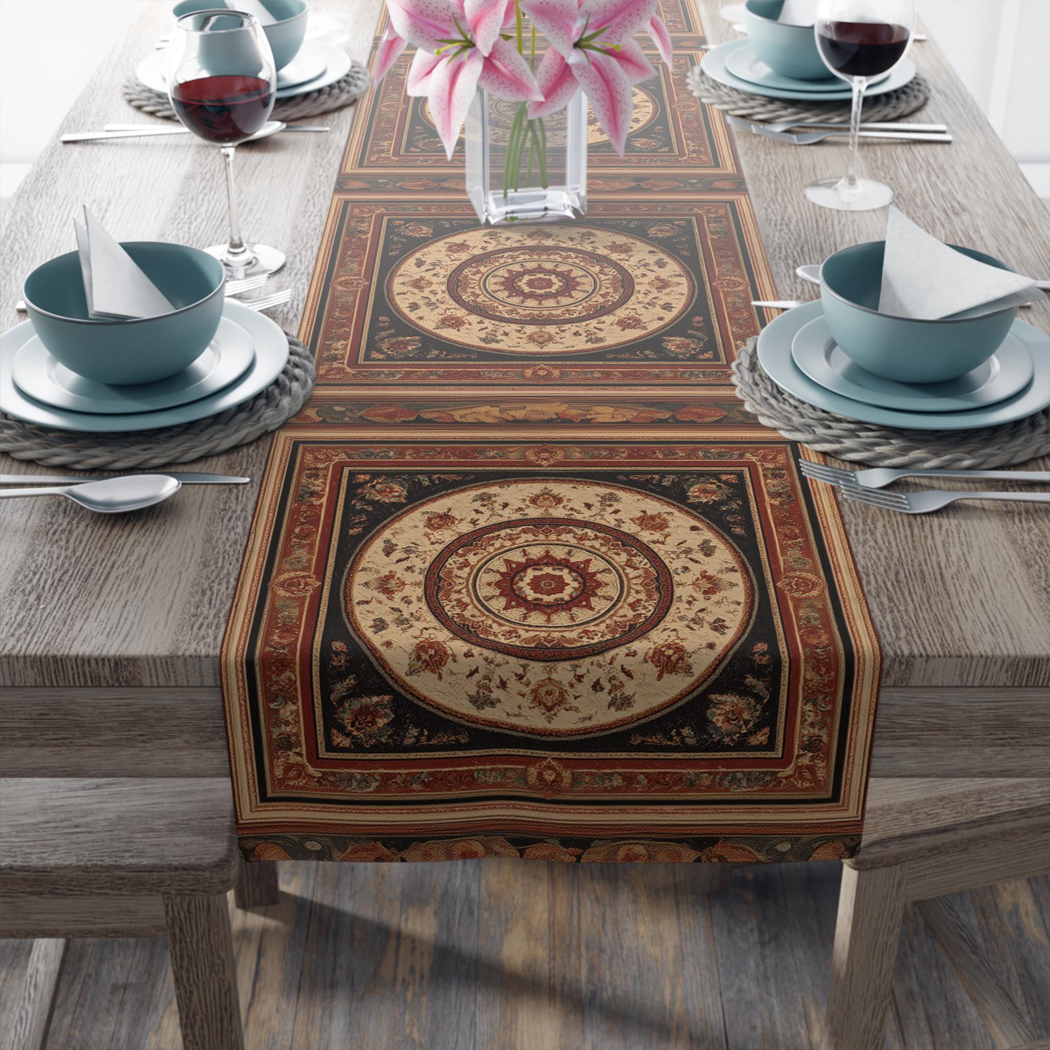 Persian Table Runner: Inspired by Antique Medallion Rug Design in Warm Rust and Cream