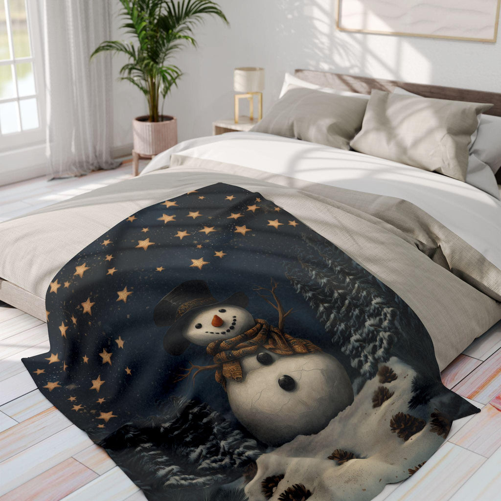 Whimsical Winter Wonderland Fleece Throw: William Morris Inspired Snowman Blanket for Cozy Christmas Decor