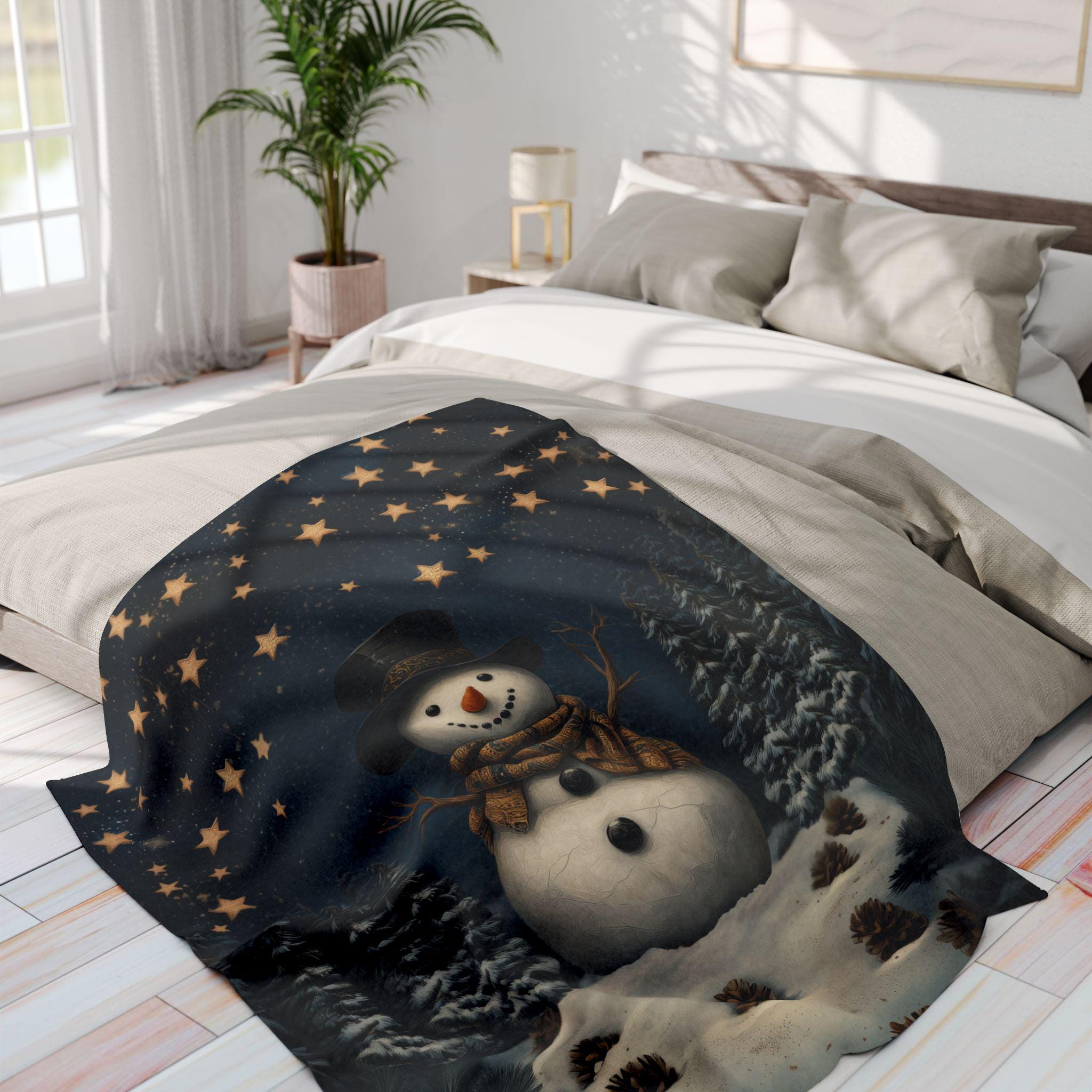 Whimsical Winter Wonderland Fleece Throw: William Morris Inspired Snowman Blanket for Cozy Christmas Decor