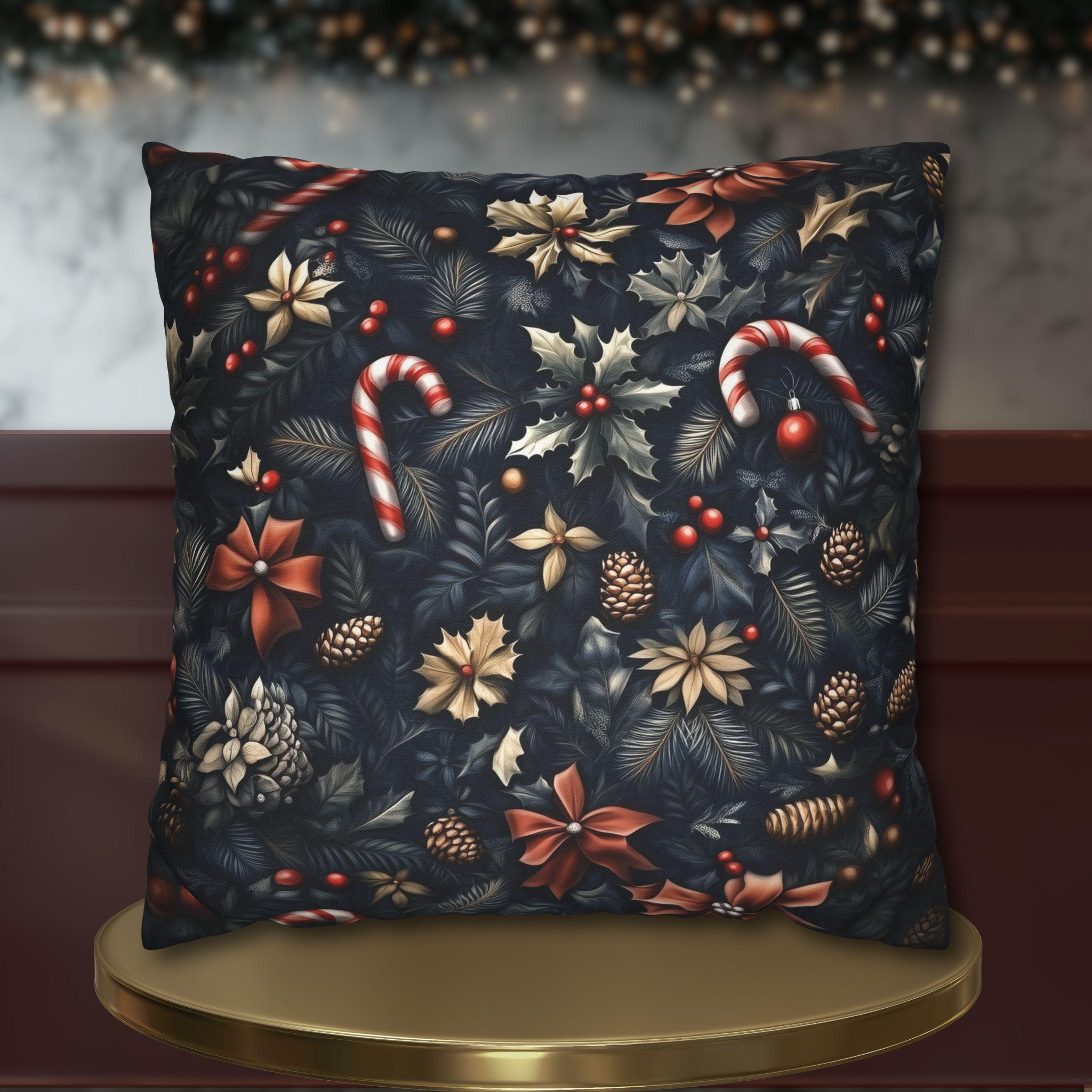 William Morris Christmas Pillow Cover: Navy, Gold & Cranberry with Holly, Candy Canes and Pinecones