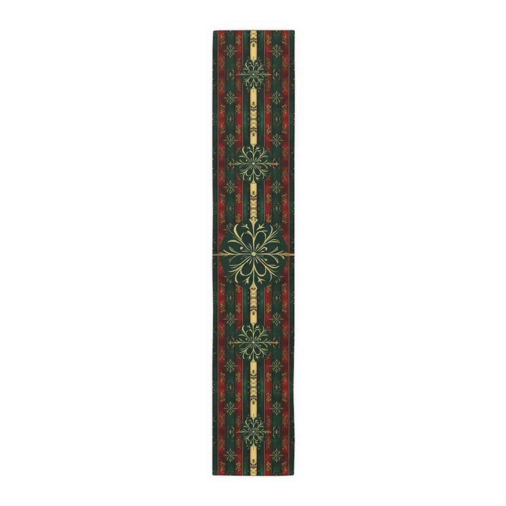 Elegant Christmas Table Runner: Green Red and Gold Snowflake Design