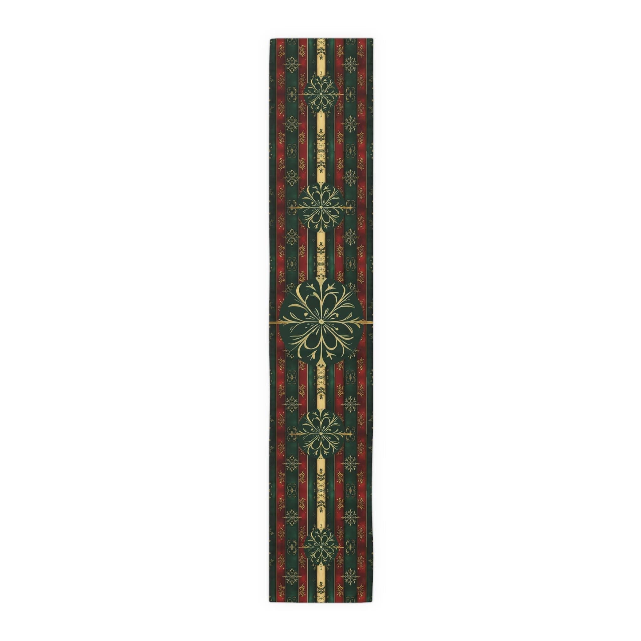 Elegant Christmas Table Runner: Green Red and Gold Snowflake Design