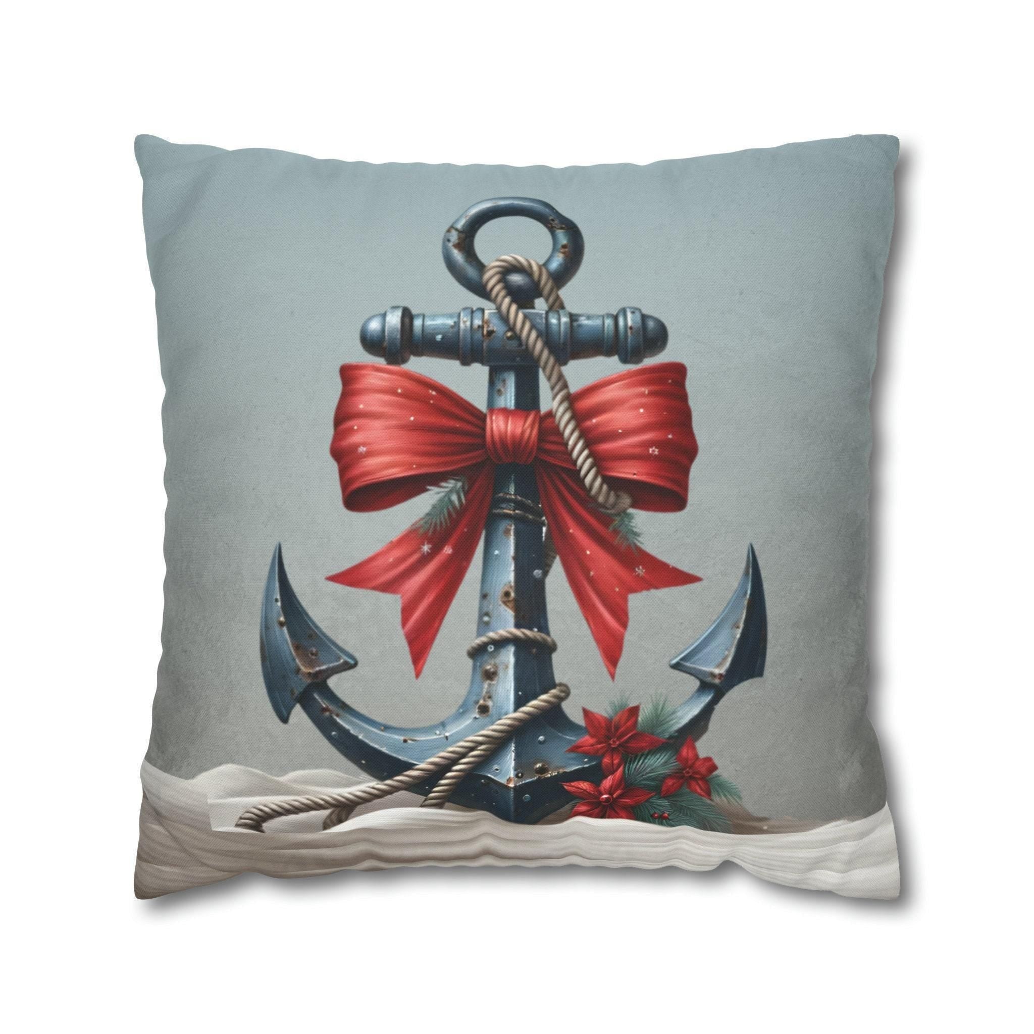 Rustic Ship's Anchor Christmas Pillow Cover: Nautical Holiday Decor