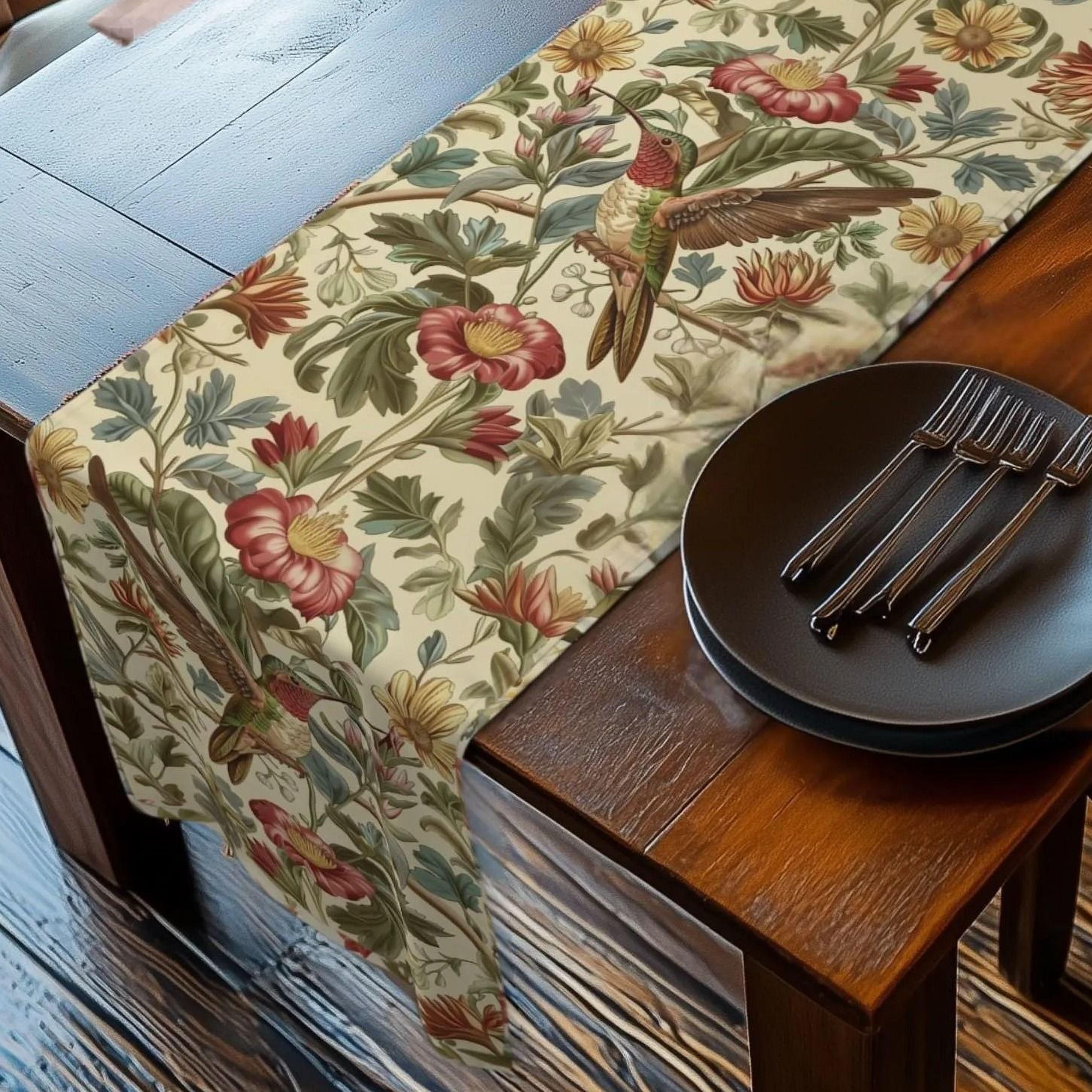 William Morris Table Runner: Vintage Style Botanical Hummingbird Floral Accent