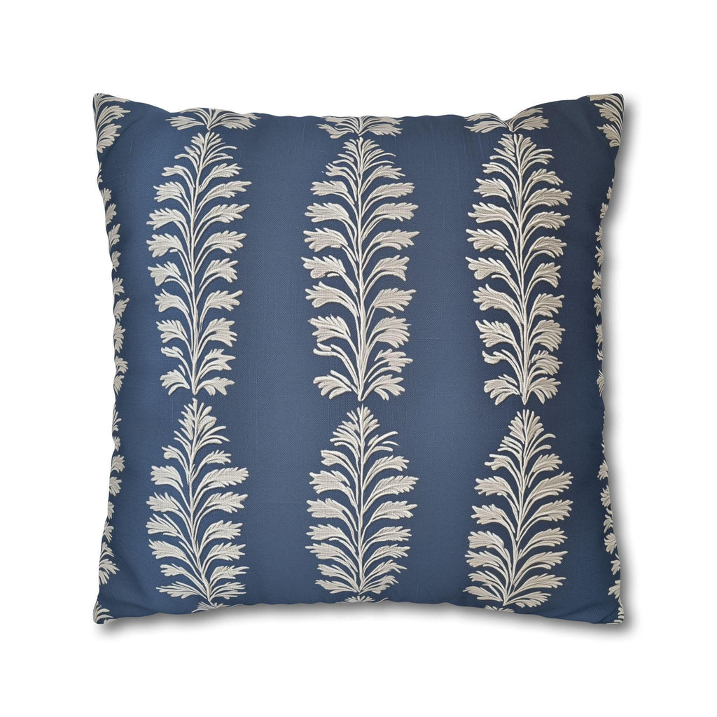 Slate Blue Botanical Pillow Cover: Ivory Leaf Stripe, Farmhouse Decor