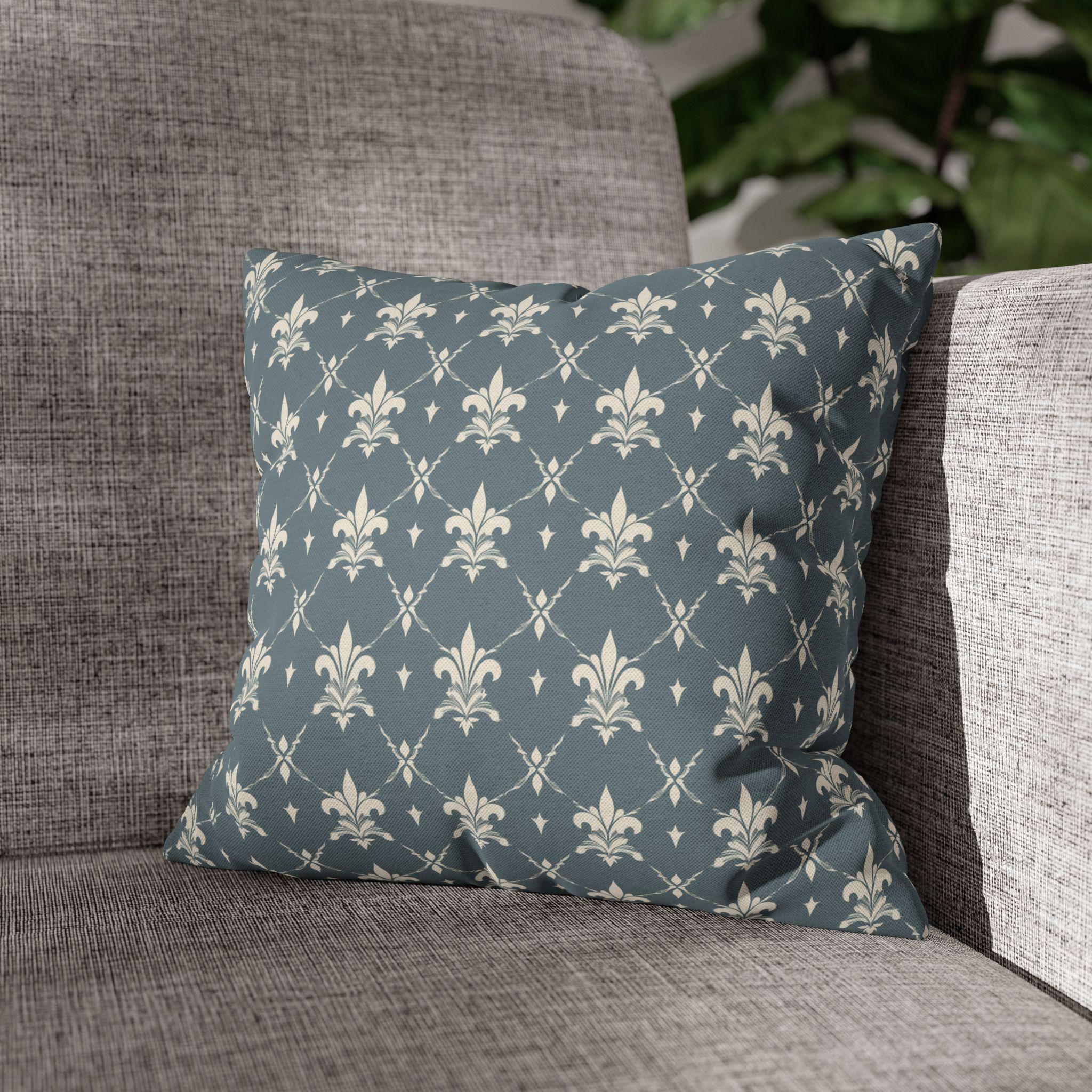 Elegant Fleur de Lis Pillow Cover: French Chateau Diamond Lattice Pattern in Soft Blue-Gray