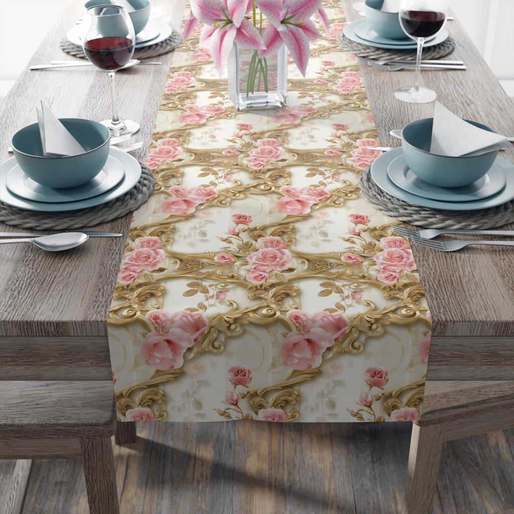 Wedding Table Runner with Pink Roses and Gold Scrollwork: Romantic Floral Decor