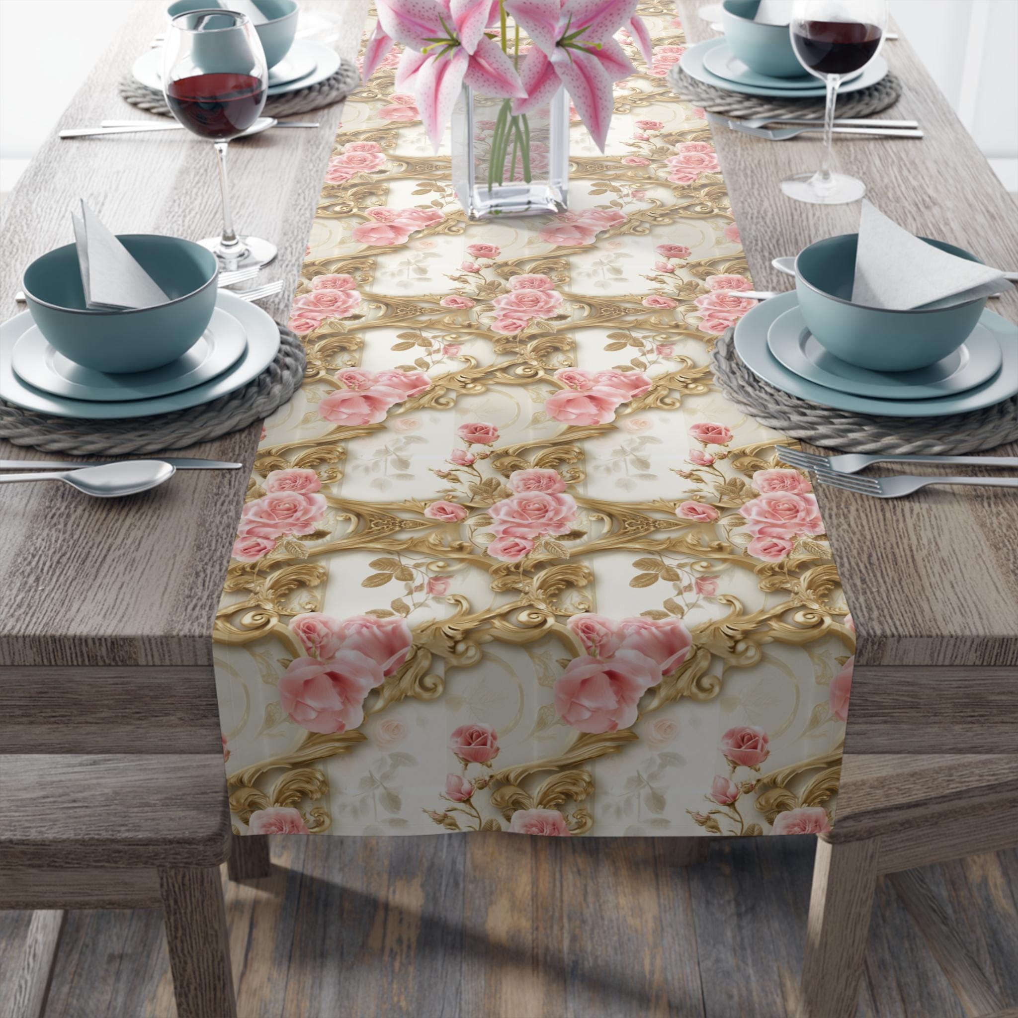 Wedding Table Runner with Pink Roses and Gold Scrollwork: Romantic Floral Decor