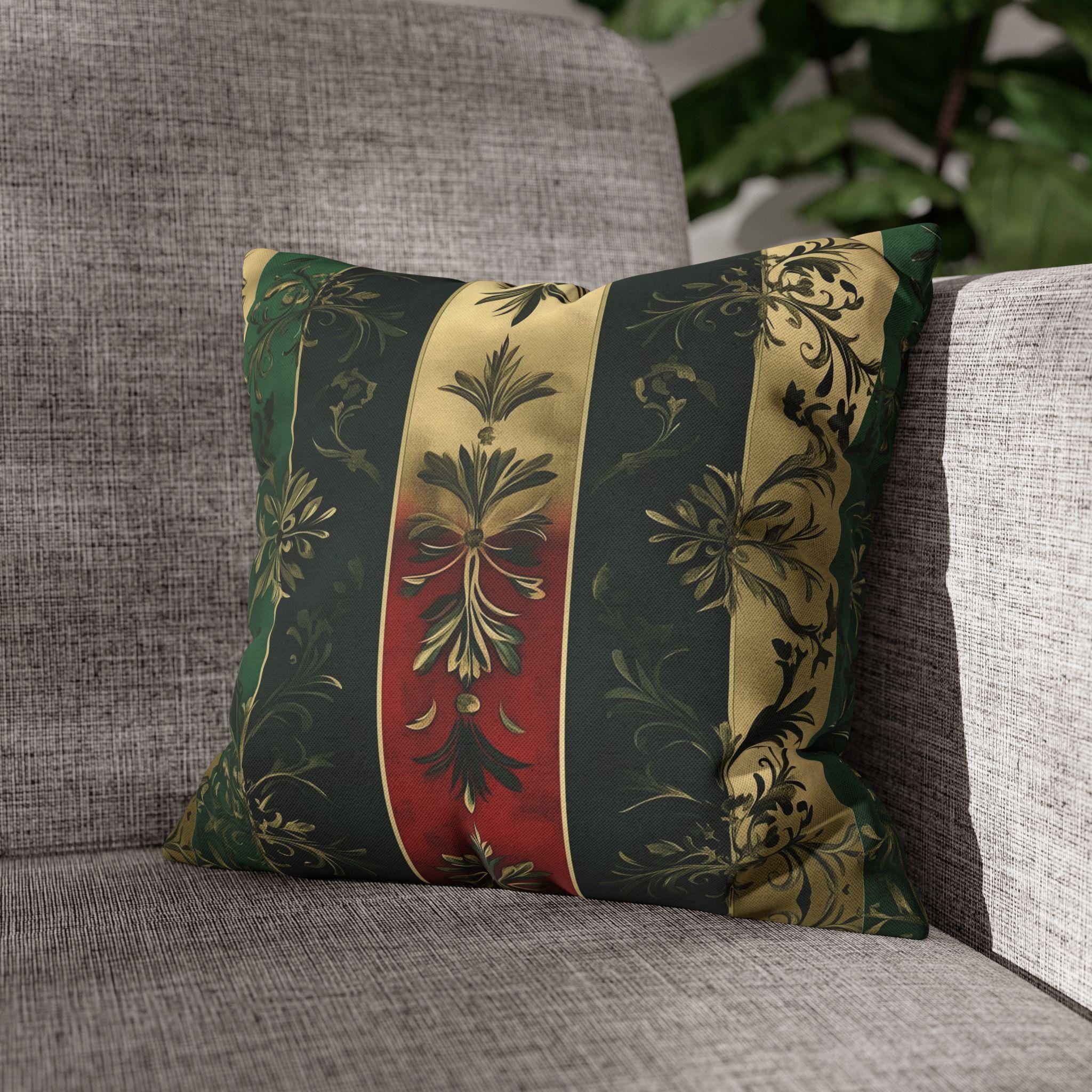 Elegant Holiday Striped Pillowcase: Floral Botanical Design, Gold Green Red Decorative Cover