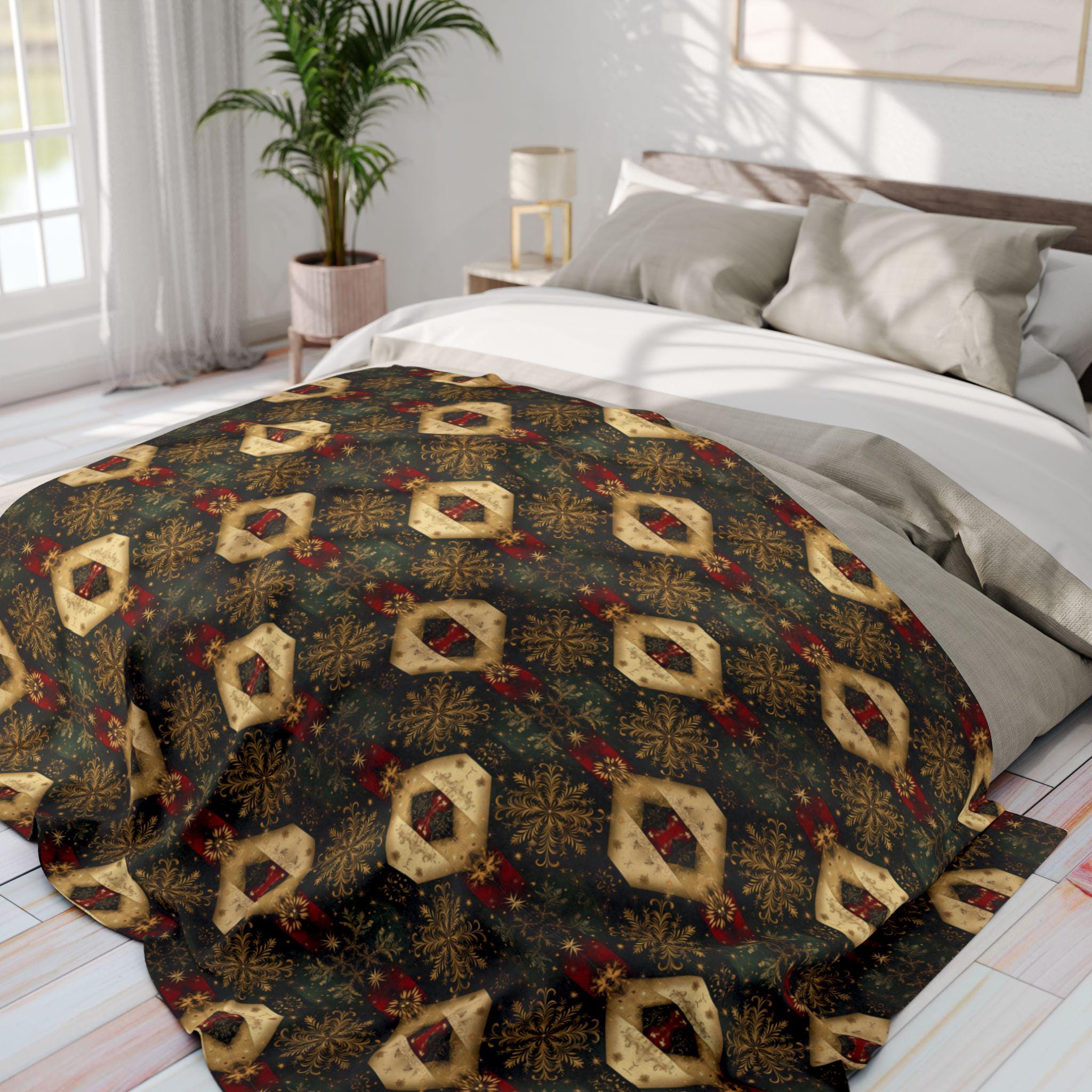 Elegant Christmas Arctic Fleece Throw Blanket - Gold Snowflakes on Green, Charcoal & Red
